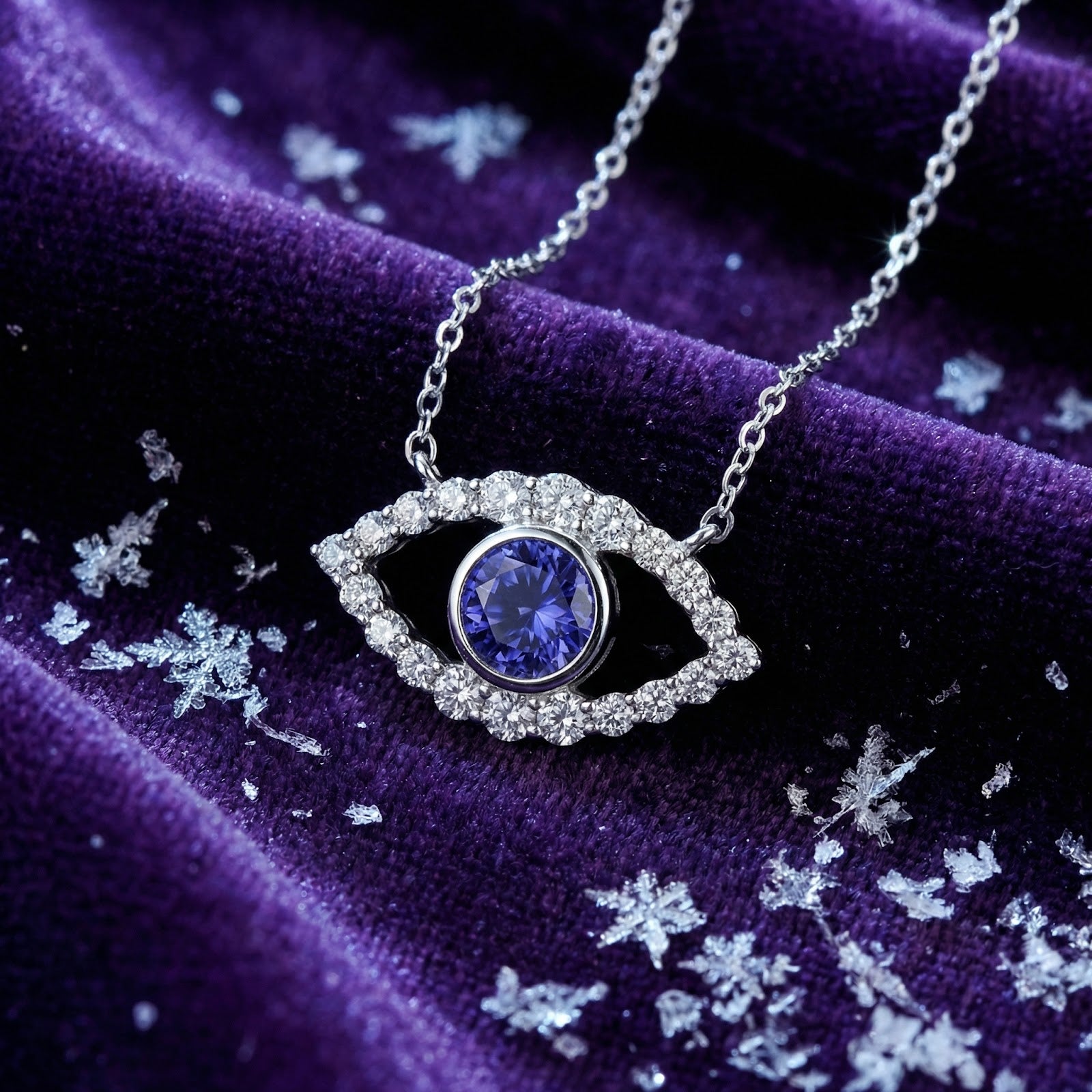 Sterling silver evil eye necklace with round simulated tanzanite on purple velvet with snowflake accents.