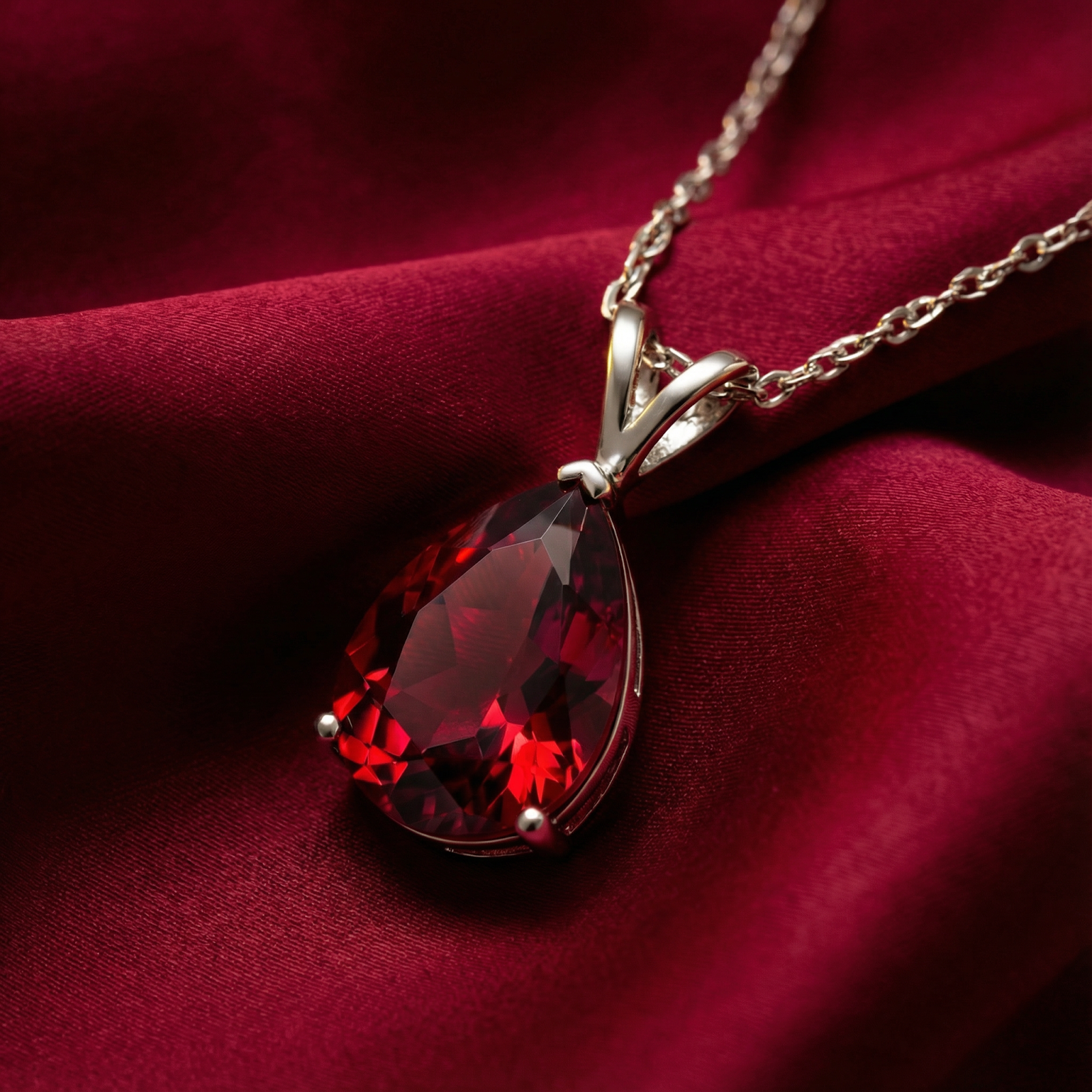 Macro detail of a pear cut pigeon blood red stone set in a sterling silver pendant on red silk.
