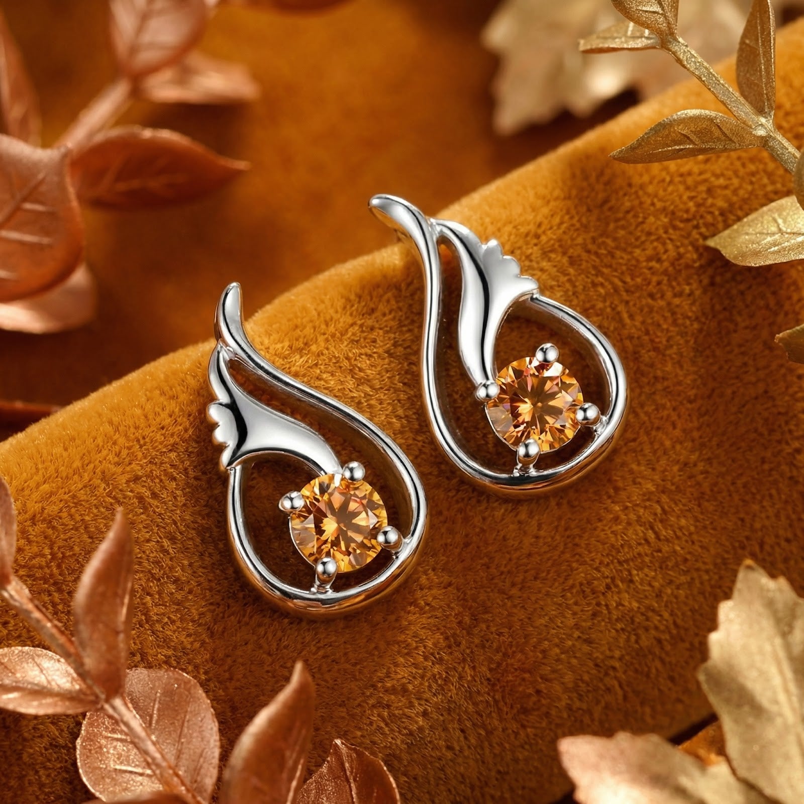 Angled macro view of Melisara Bud sterling silver earrings showing the round-cut simulated topaz in a tulip setting.