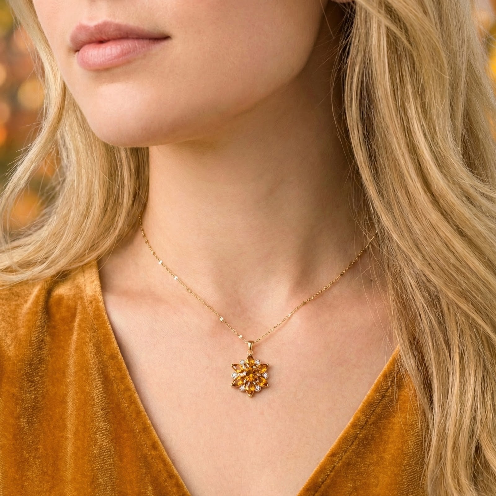 Woman wearing the gold Valerisse Bloom necklace with yellow November birthstone gems and a velvet top.