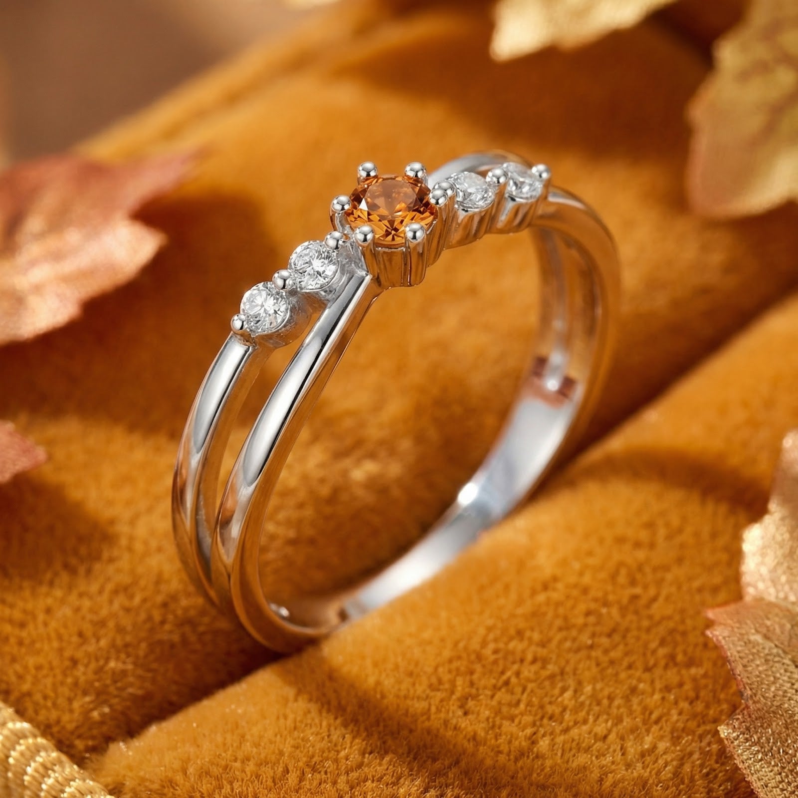 Macro side view of the sterling silver crossover ring showing the round simulated topaz and side accent stones.
