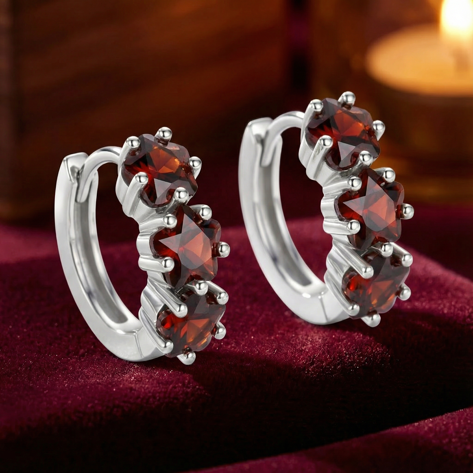 Side view of S925 sterling silver huggie earrings with star-cut simulated garnets on red velvet.