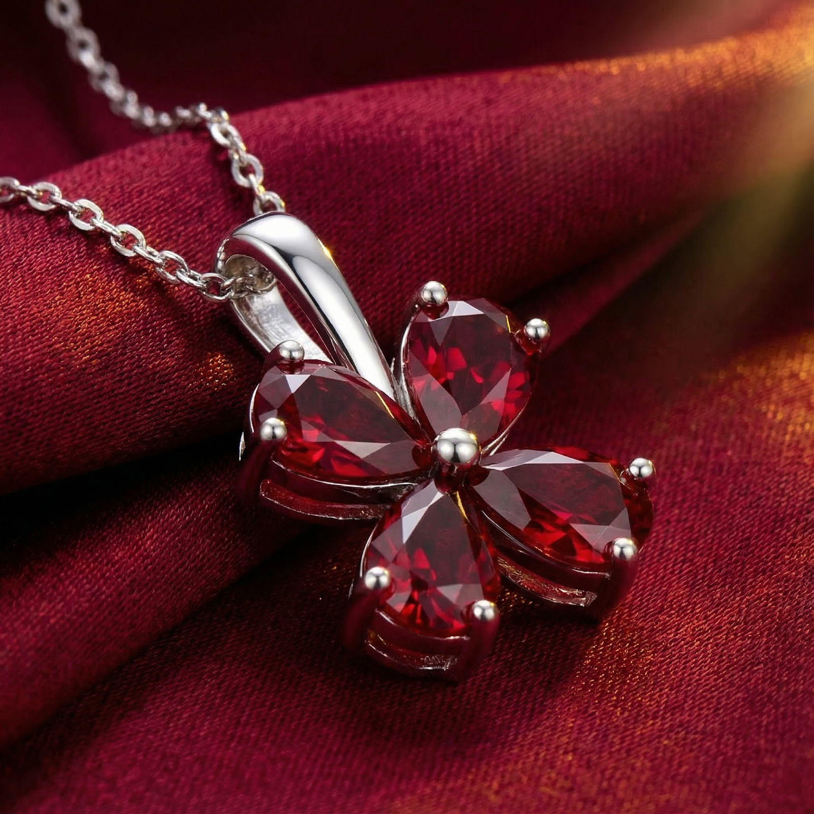 Close-up of pear-cut pigeon blood simulated rubies in a sterling silver floral blossom pendant setting.