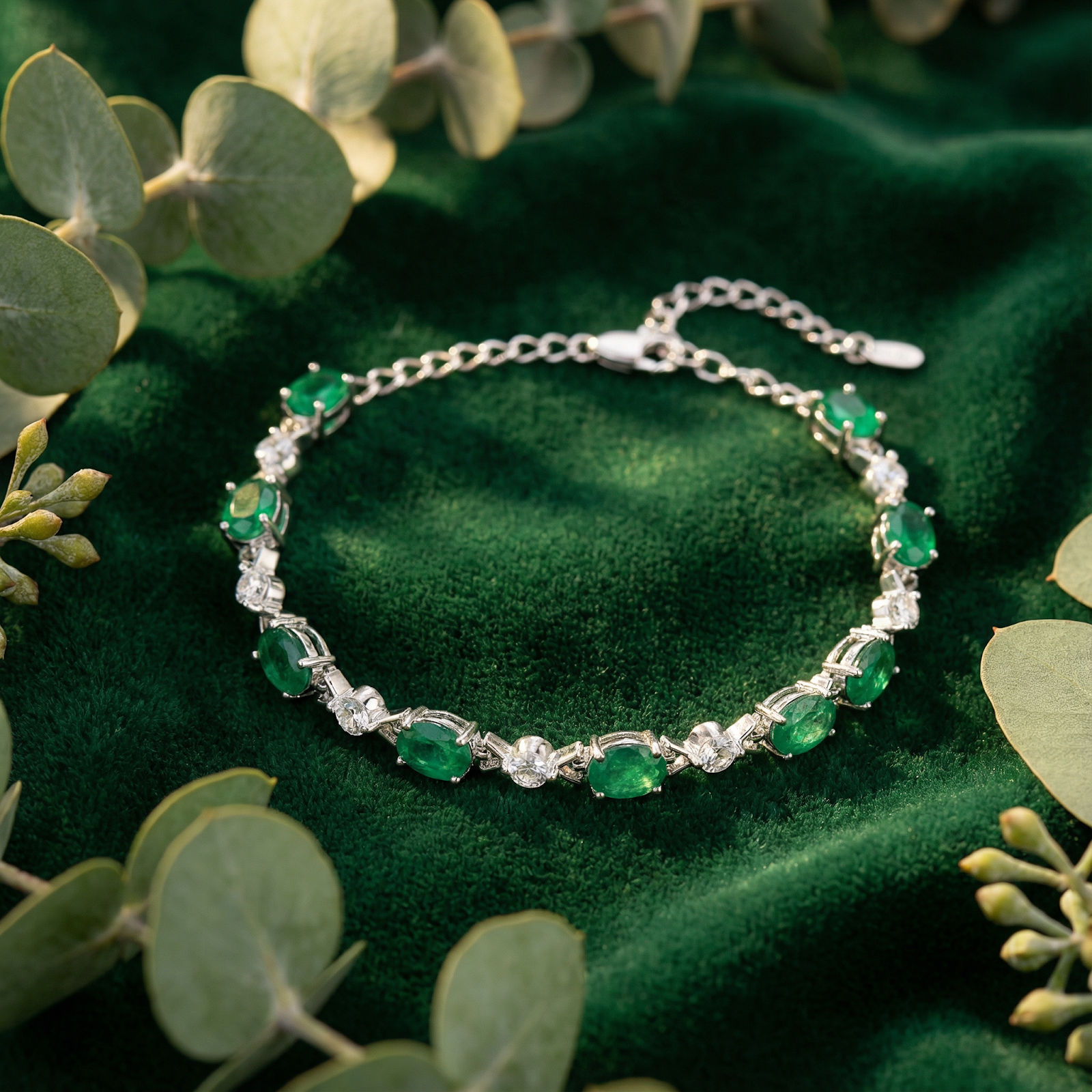 Angled view of the Lucentia silver bracelet with oval-cut simulated emeralds on a green velvet background.