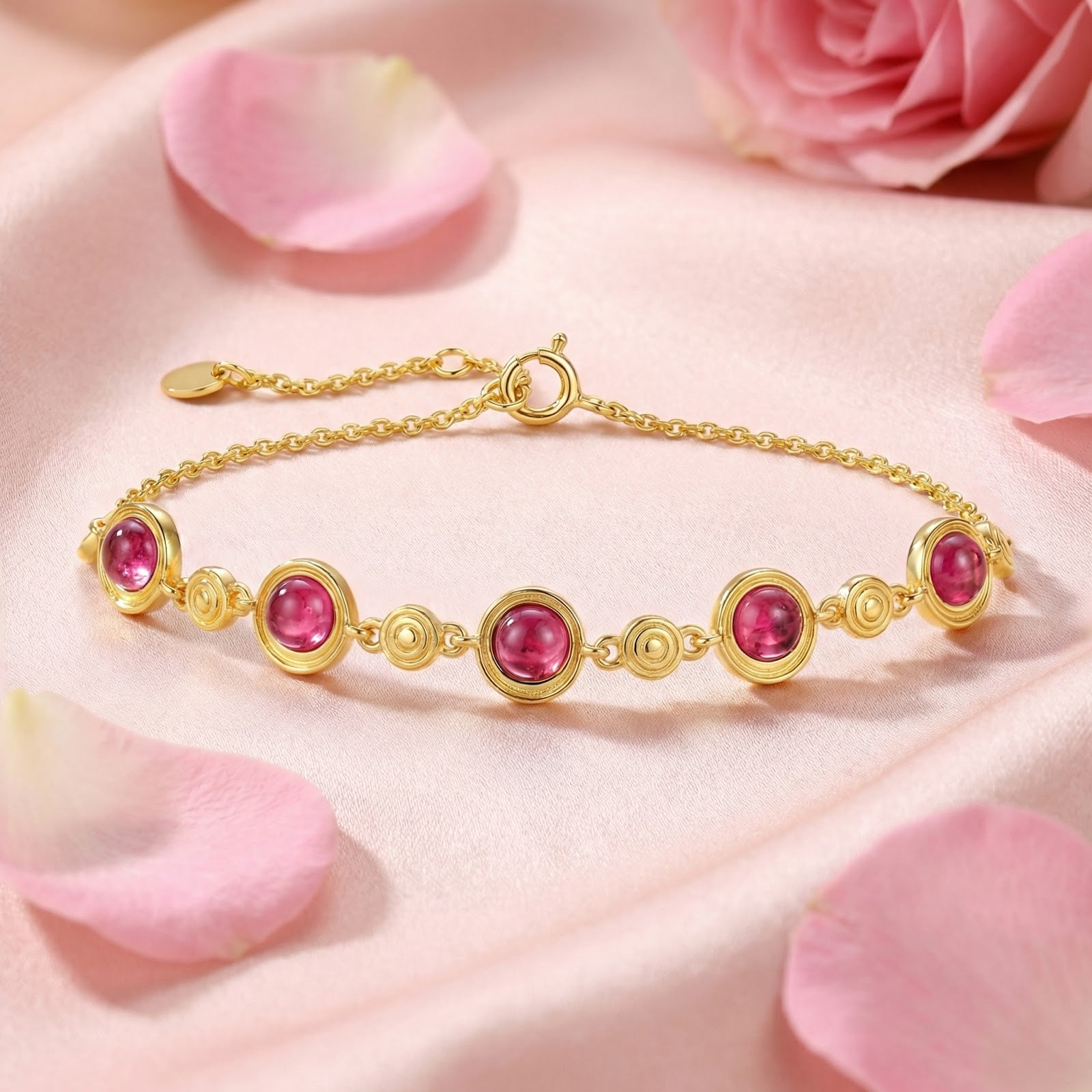 Yellow gold vermeil station bracelet with five round pink tourmaline stones displayed on pink silk with rose petals.