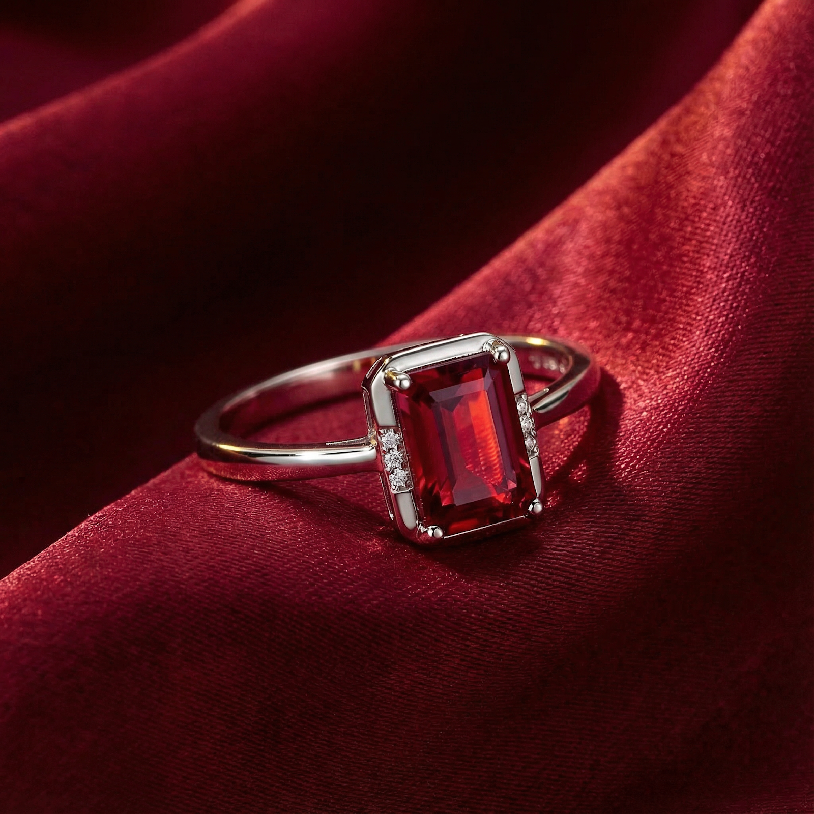 Emerald cut simulated ruby sterling silver ring resting on draped red silk fabric.