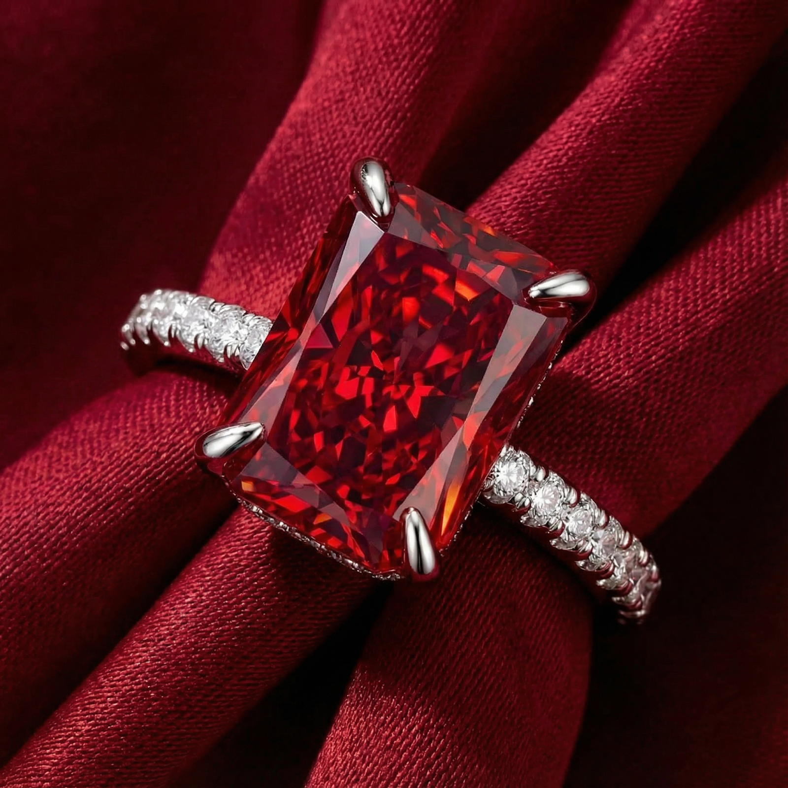 Close-up of the emerald cut simulated ruby and pavé band of the S925 sterling silver ring.
