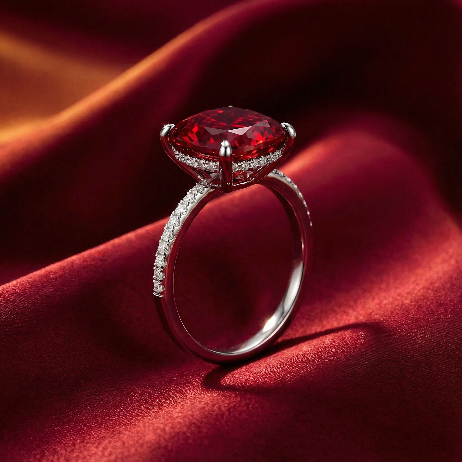 Side profile of cushion-cut simulated ruby ring in sterling silver showing hidden halo and pavé band.