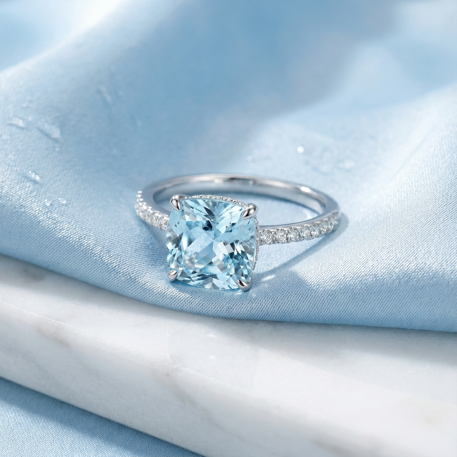 Front view of the Lysia cushion cut simulated aquamarine halo ring in S925 sterling silver on blue silk.