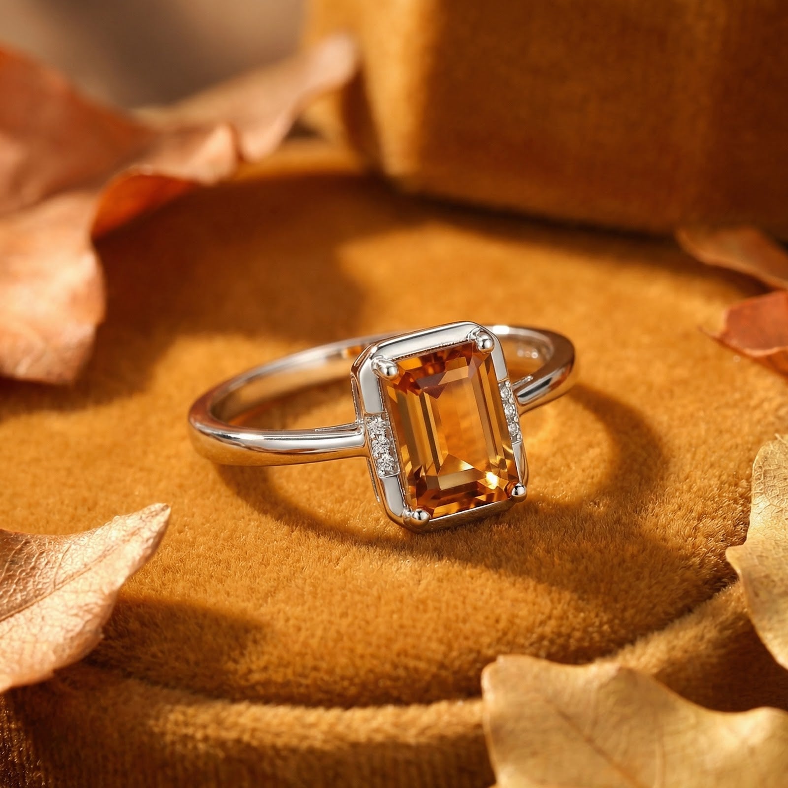 Octagon-cut simulated topaz ring in sterling silver on golden velvet with autumn leaves.