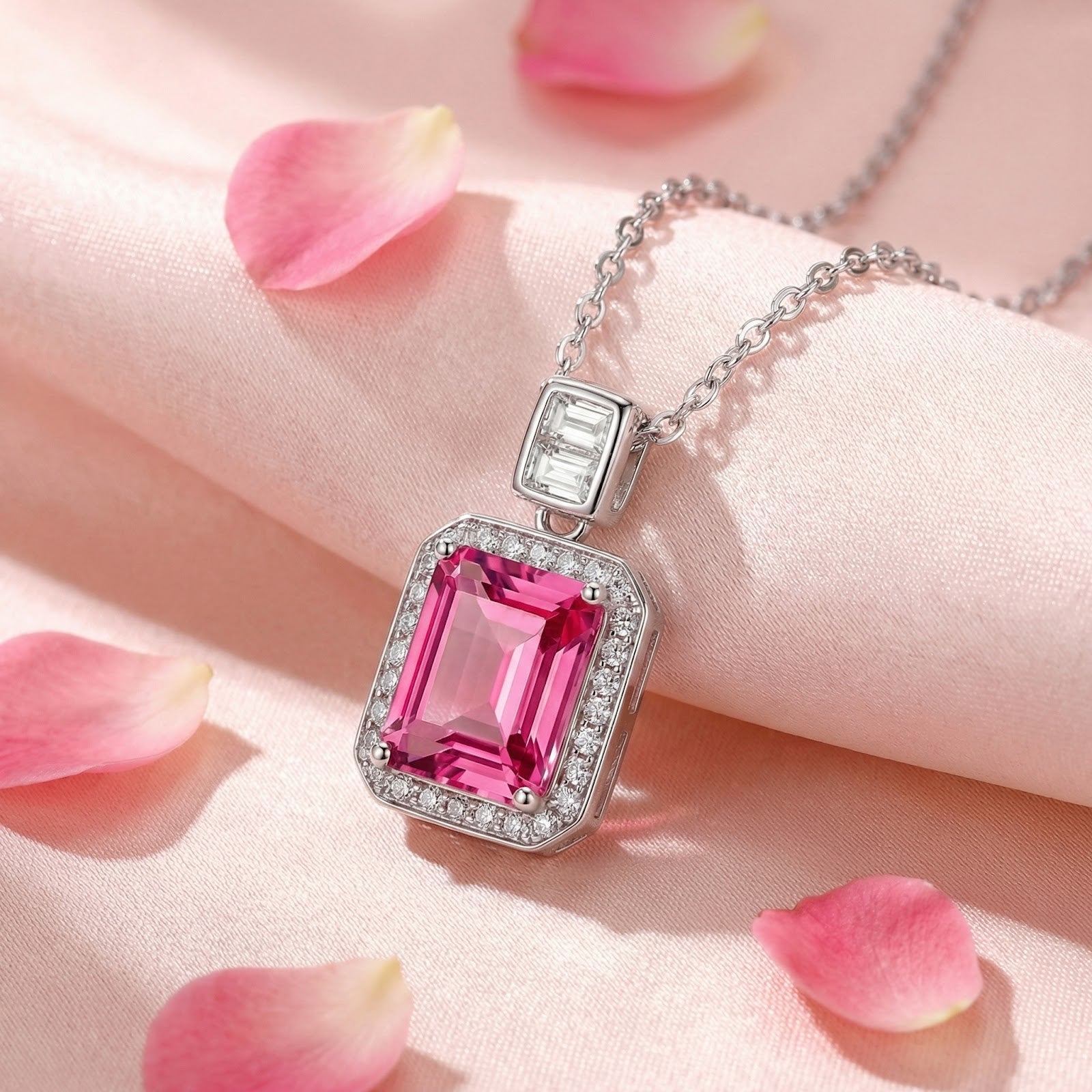 Emerald cut pink tourmaline necklace in sterling silver displayed on pink silk with scattered rose petals.