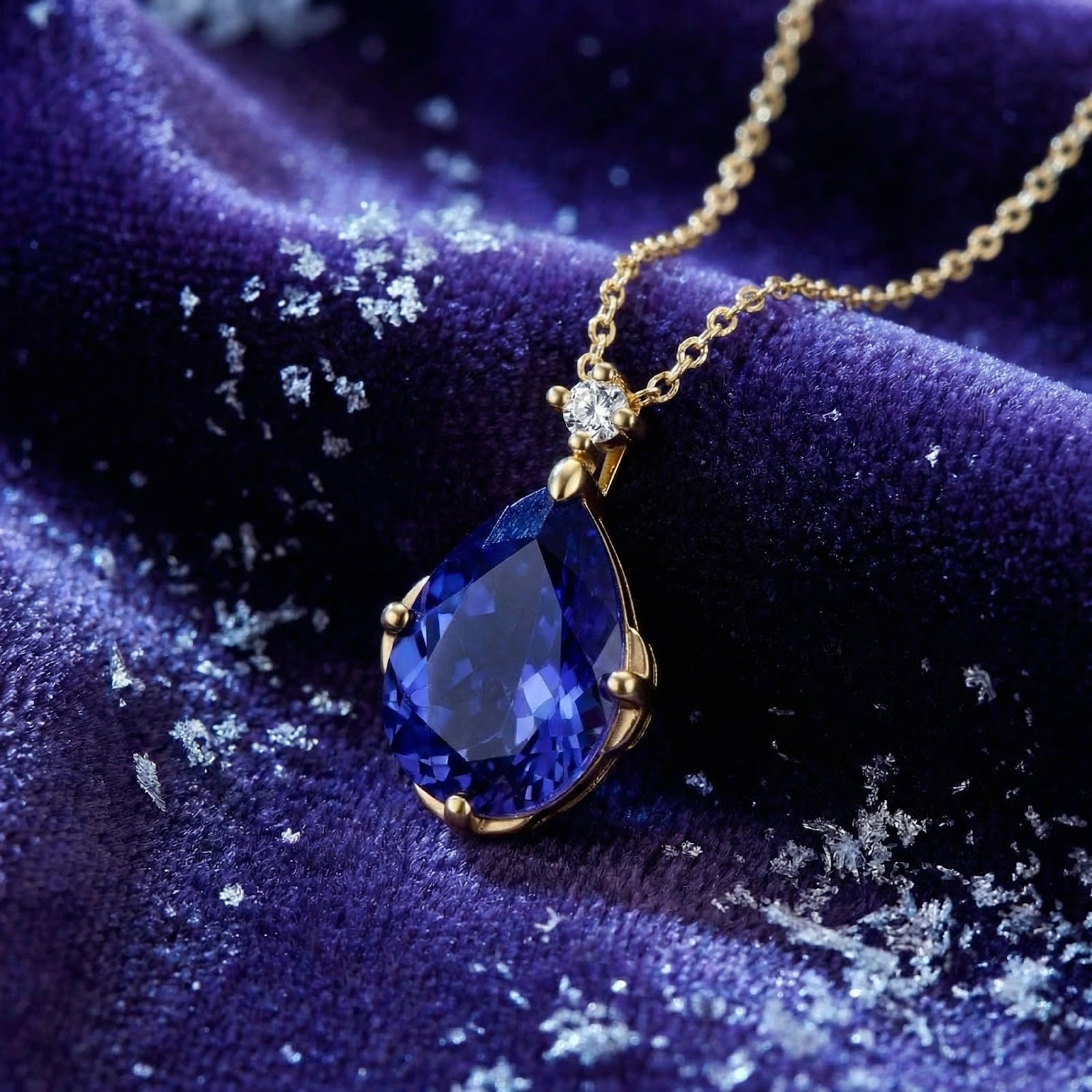 Teardrop blue-violet simulated tanzanite necklace in 18K gold vermeil on purple velvet with snow accents.