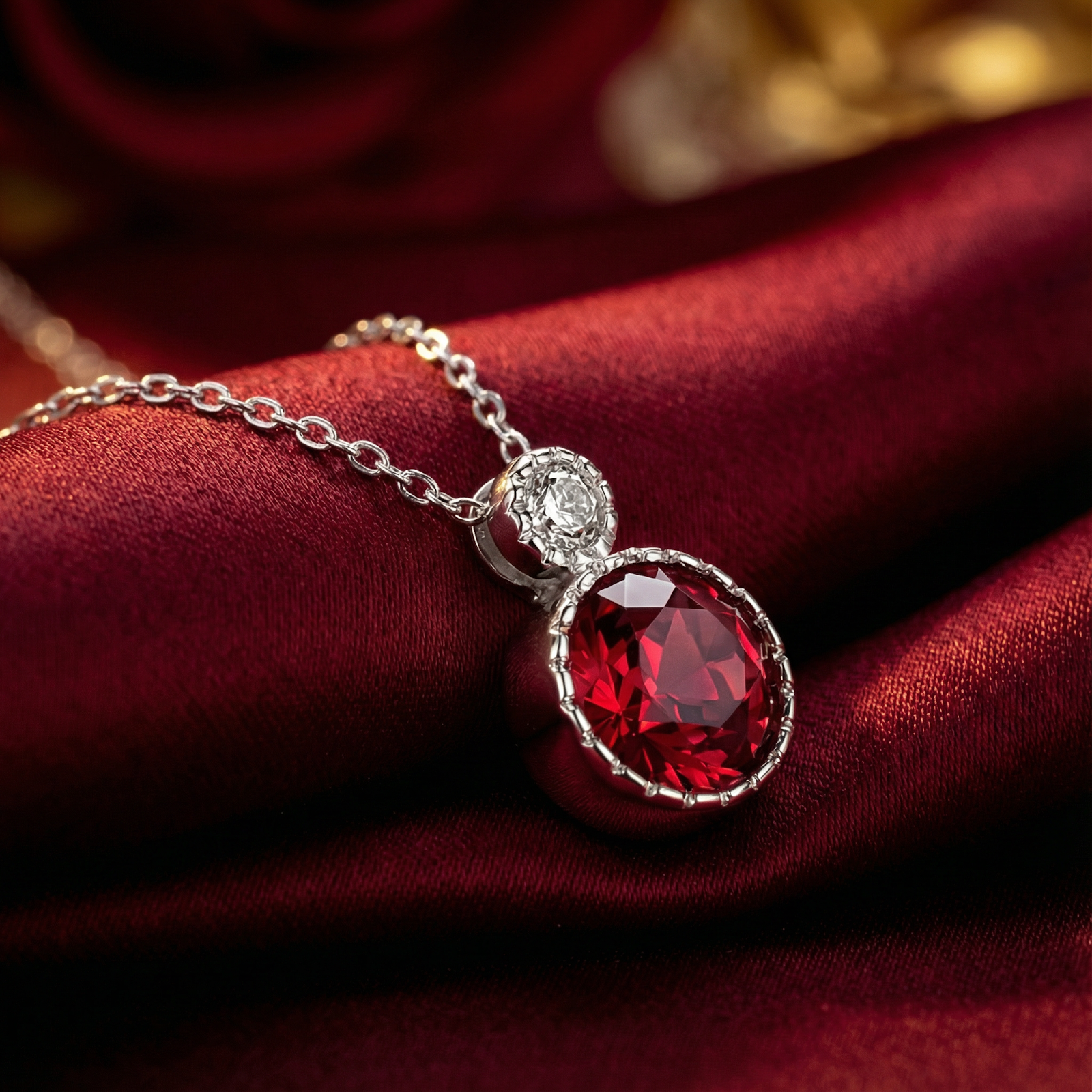 Round cut simulated ruby pendant in S925 sterling silver on a red satin background.