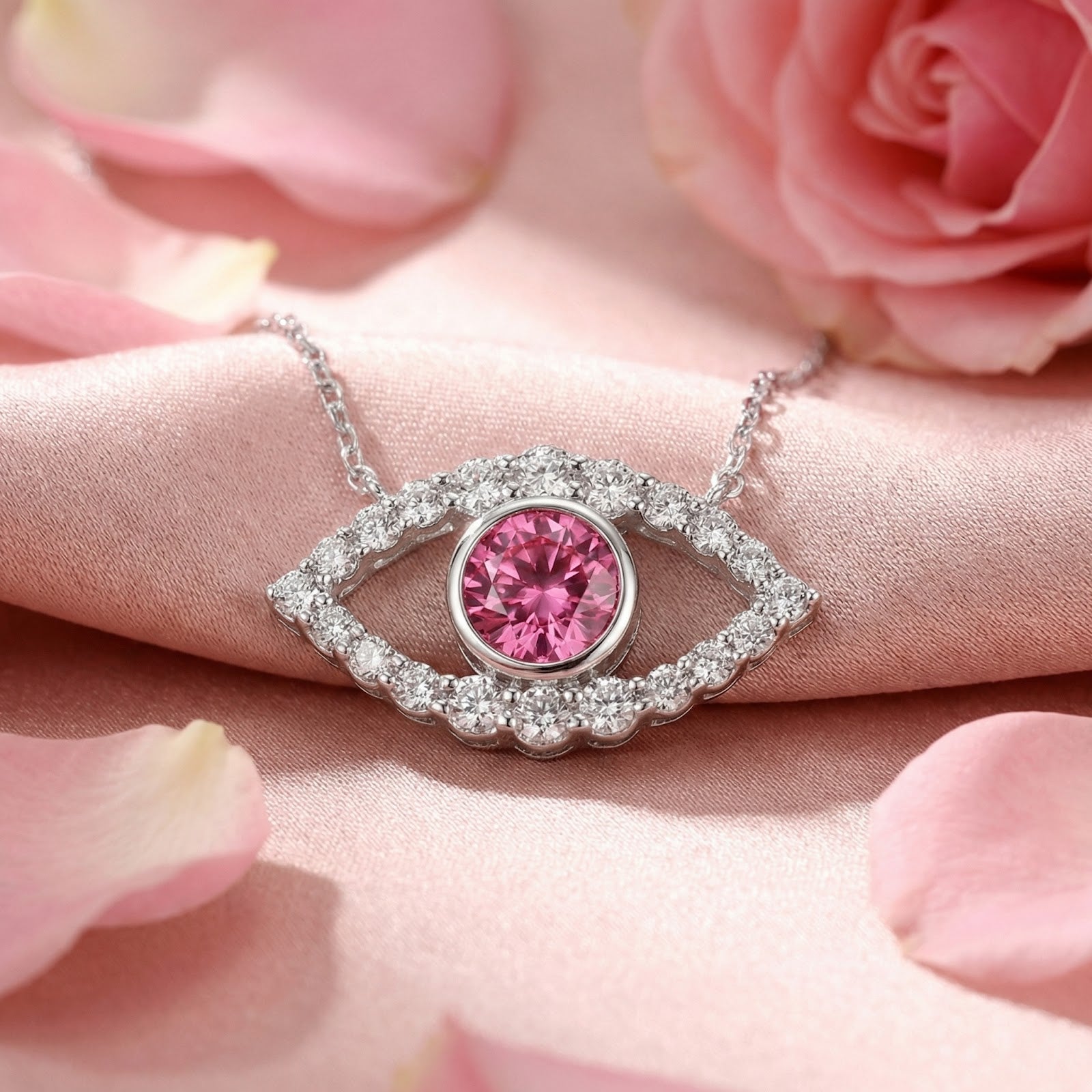 Macro view of a round pink moissanite stone set in a sterling silver eye-shaped pendant.