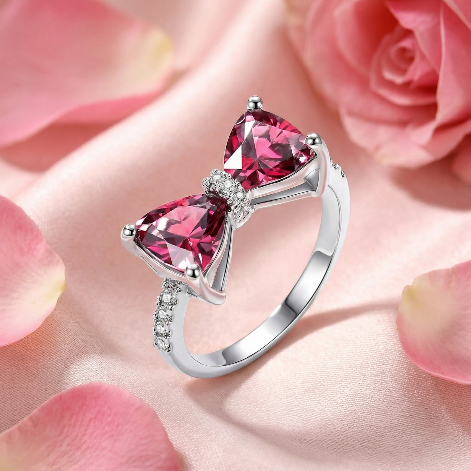 Trillion-cut pink tourmaline bow ring in S925 sterling silver on pink satin fabric with rose petals.