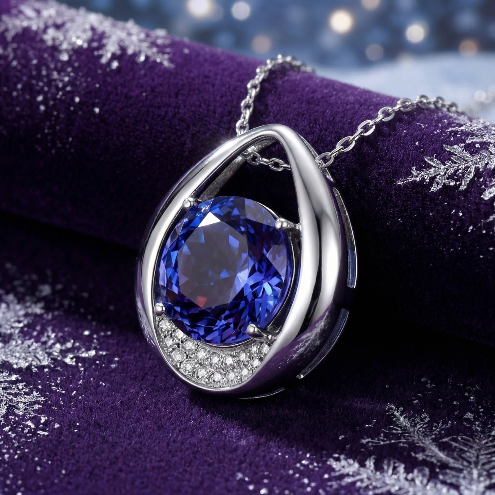 Teardrop sterling silver necklace with a round simulated tanzanite on a purple velvet background with snowflakes.