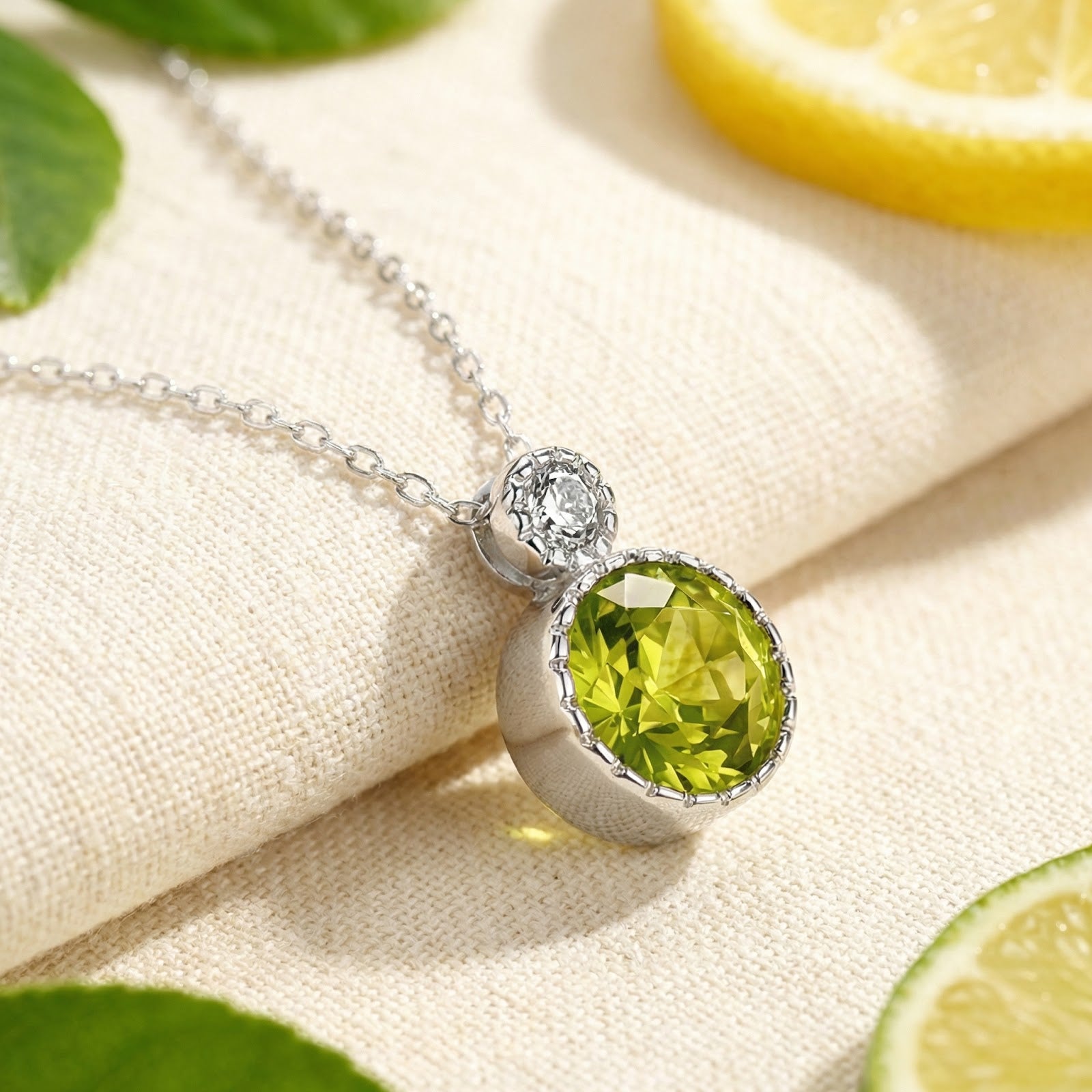 Round-cut simulated peridot necklace in S925 sterling silver on a linen surface with citrus accents.