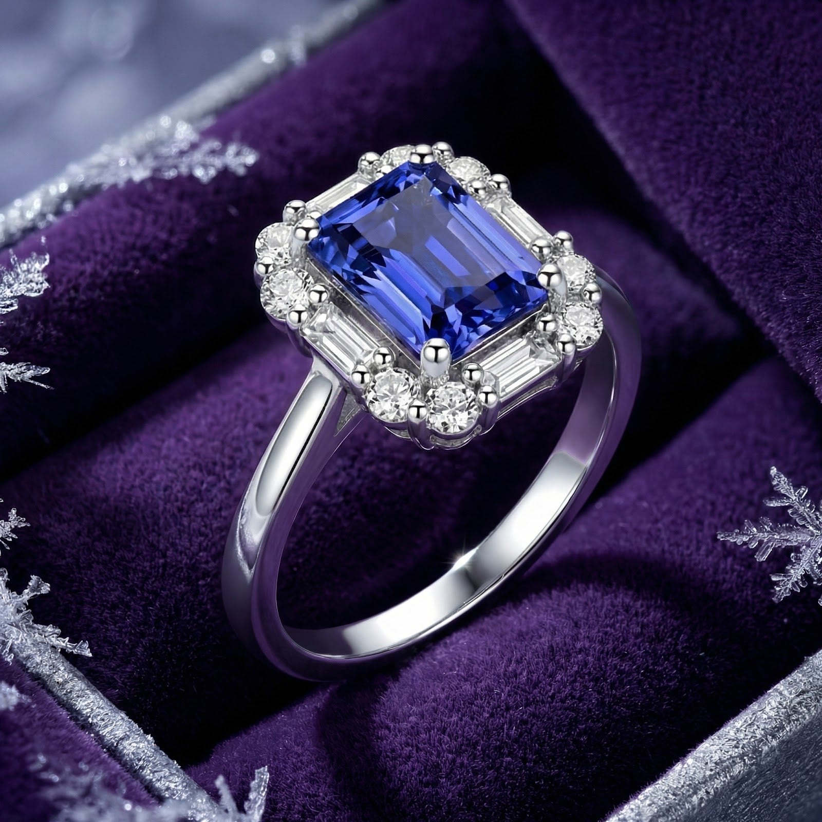 Emerald cut simulated tanzanite sterling silver ring with a halo on purple velvet with winter snowflakes.