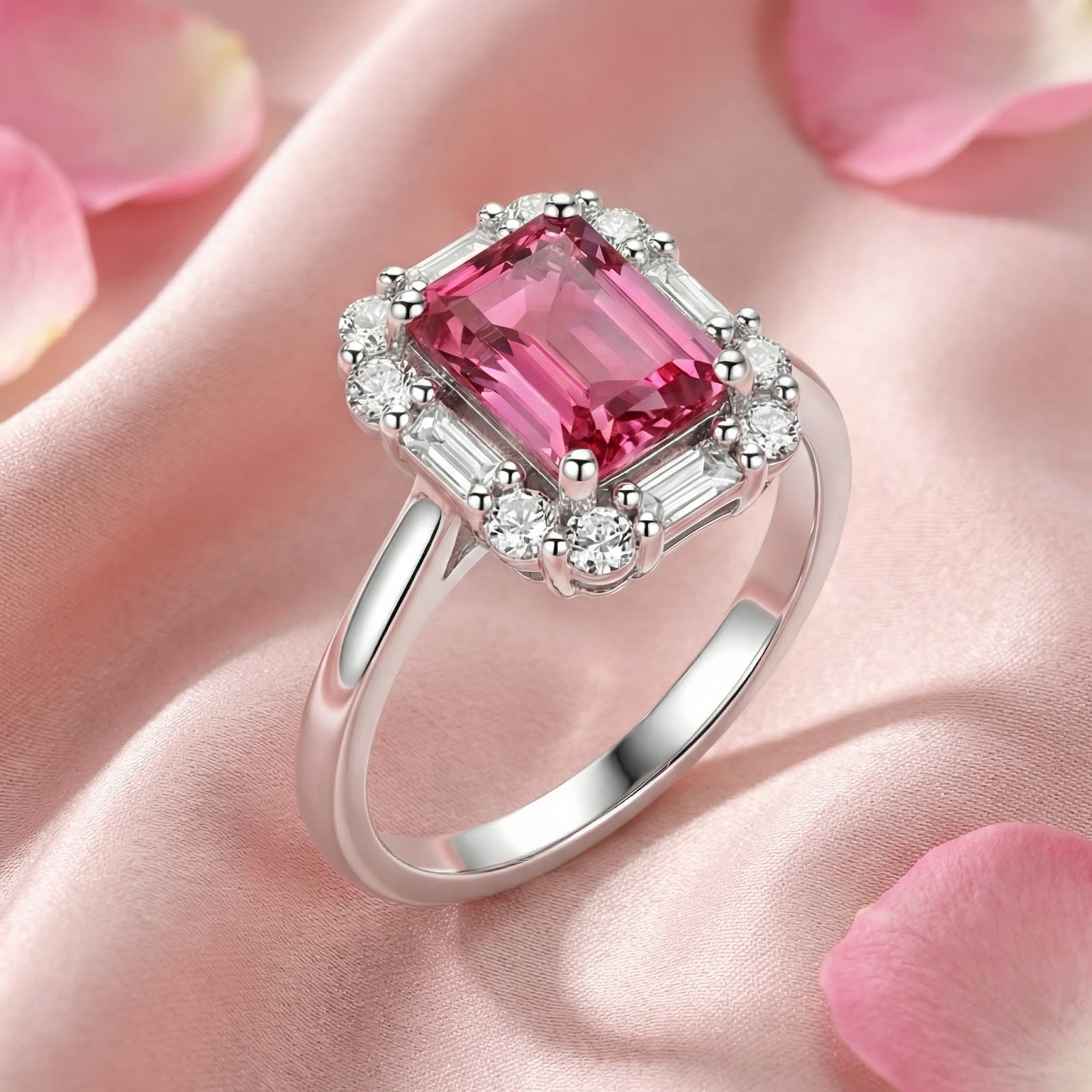 Octagon cut pink tourmaline sterling silver ring with a halo setting on pink silk fabric.