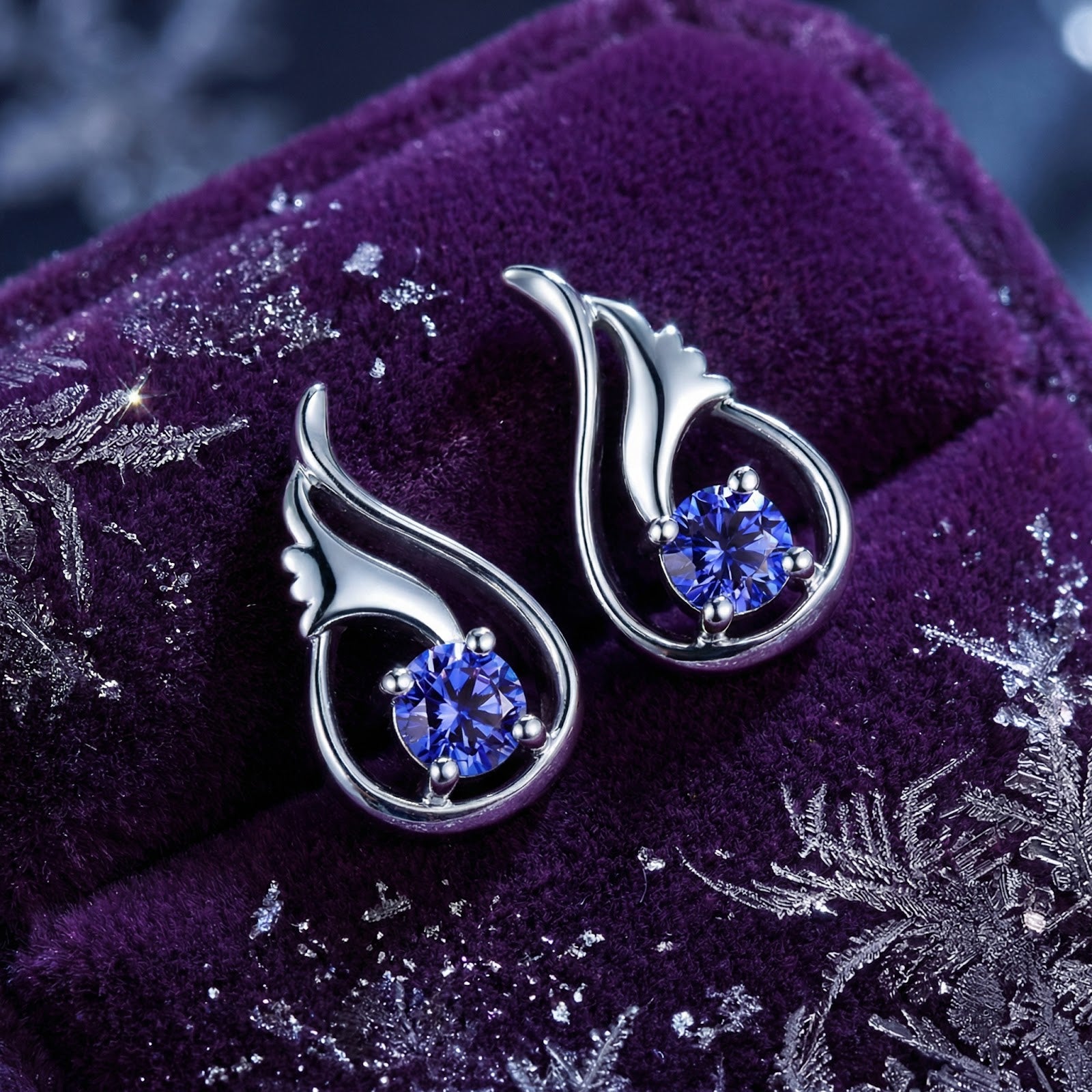 Close-up of sterling silver Florisara Bud earrings featuring round-cut simulated tanzanite stones in a bud setting.