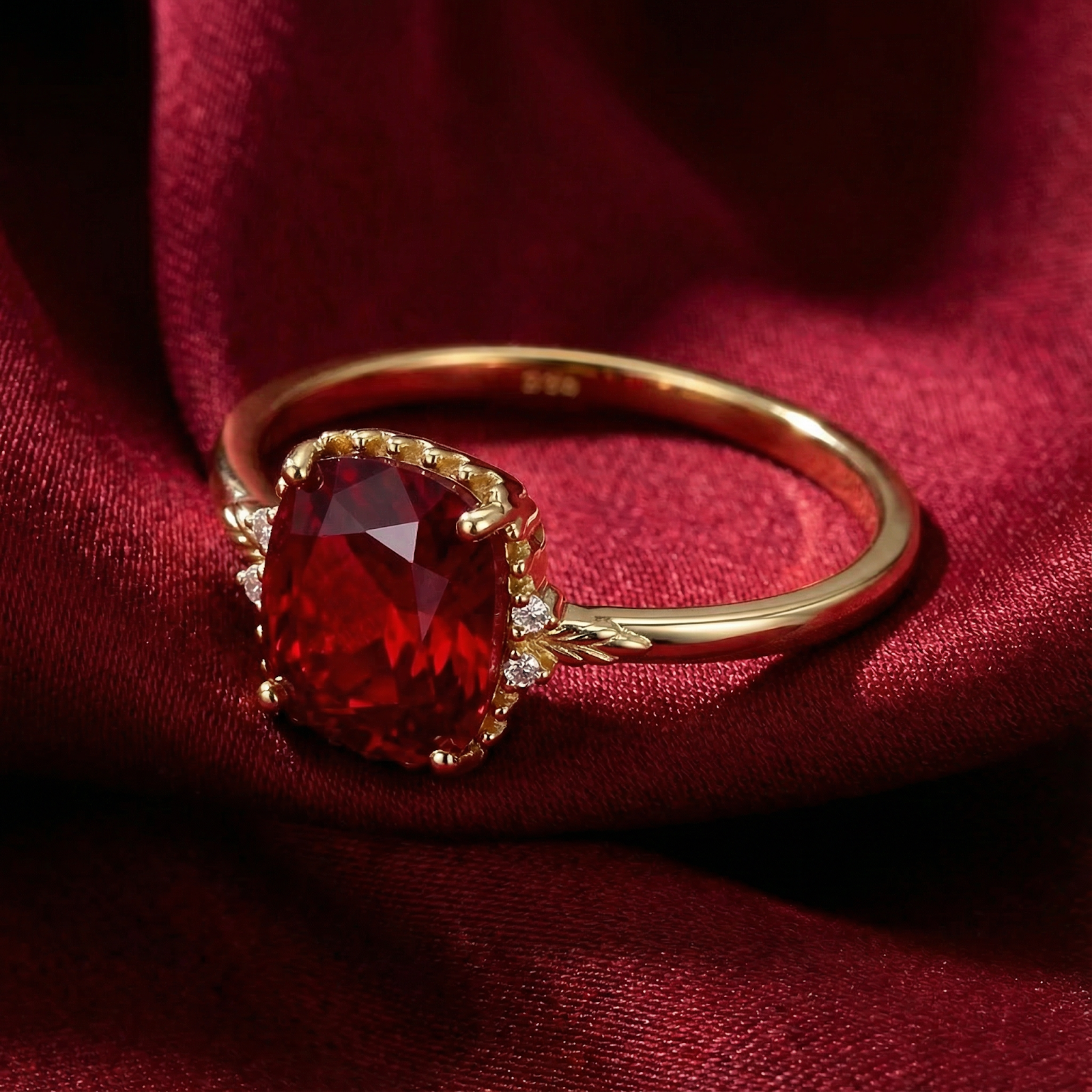 Cushion-cut simulated ruby ring in 18K gold vermeil displayed on red silk fabric.