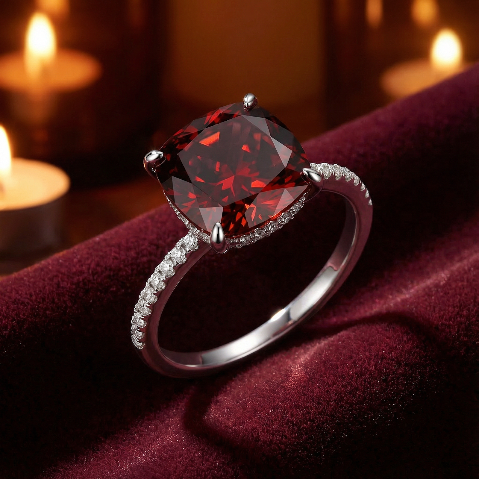 Cushion cut deep red simulated garnet ring in S925 sterling silver on red velvet with candle lighting.