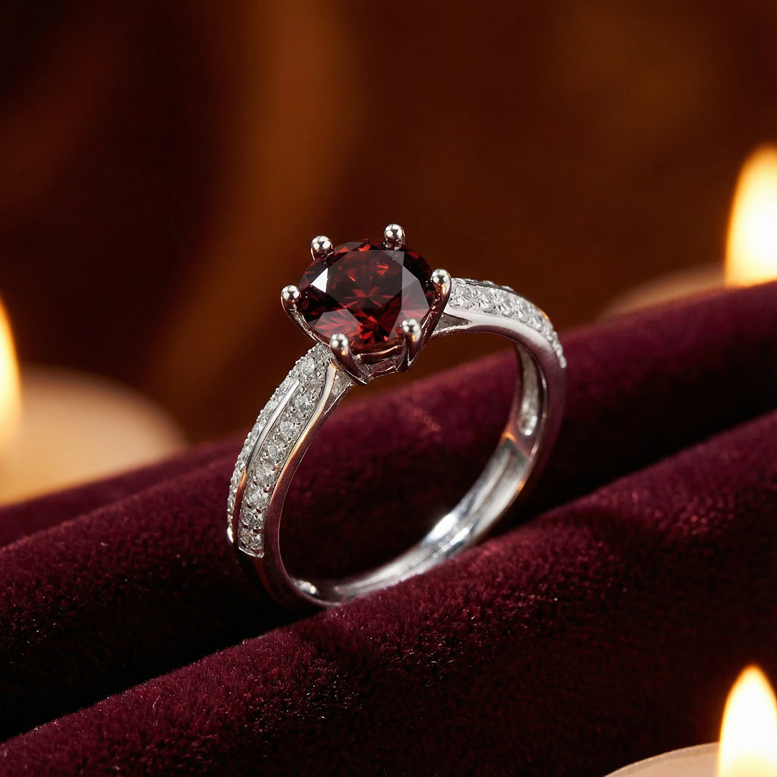 Side profile of a round cut simulated garnet solitaire ring in sterling silver on red velvet with warm candle light.