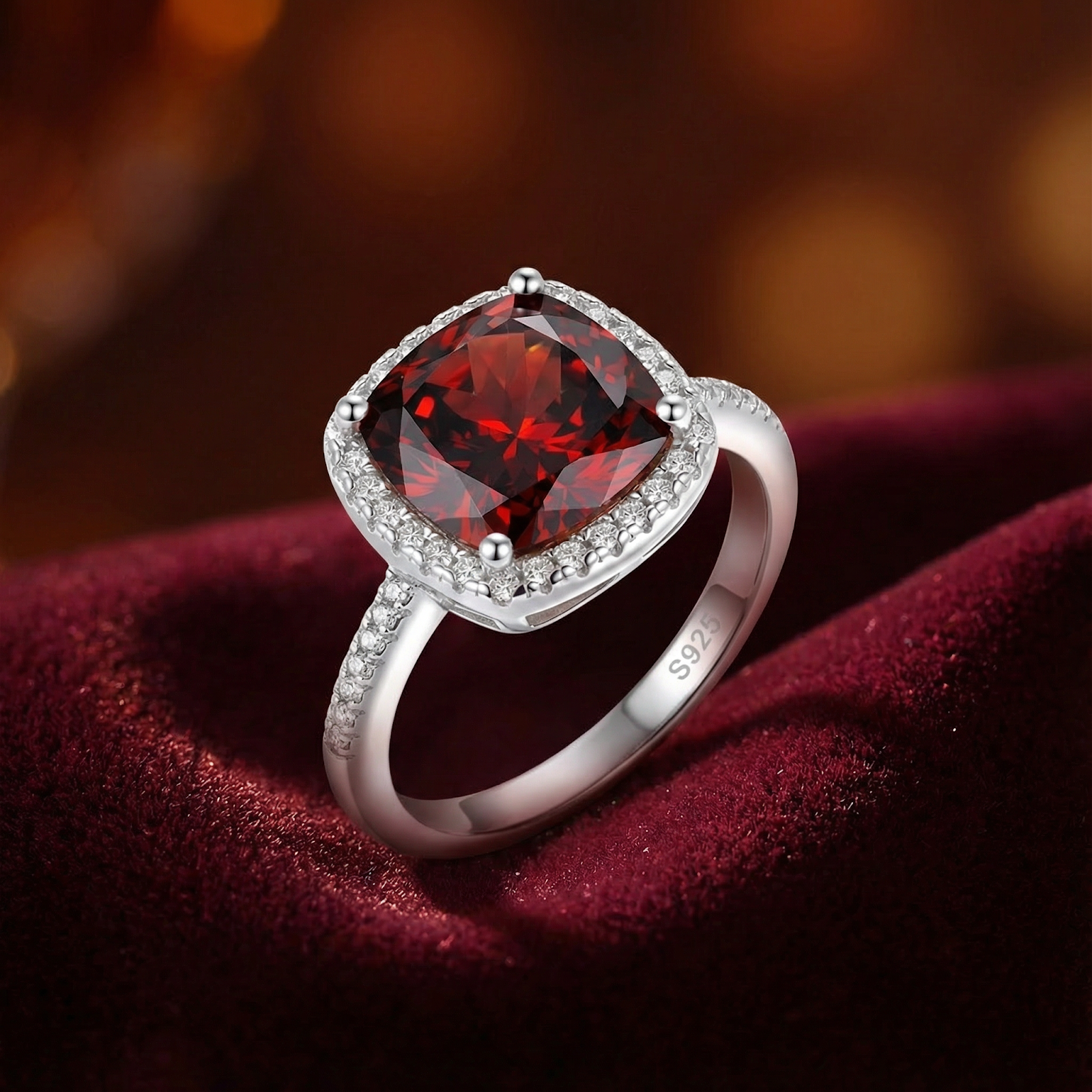 Angled view of a cushion cut simulated garnet ring in S925 sterling silver on a red velvet background.