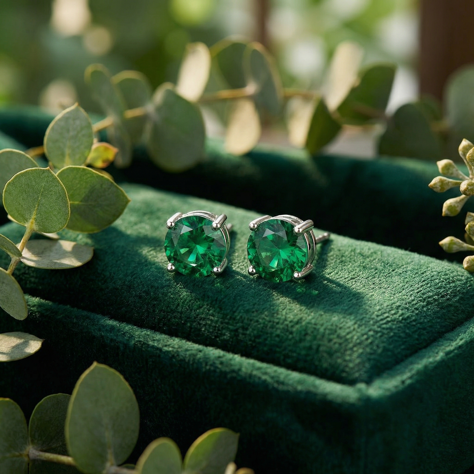 Round-cut simulated emerald stud earrings in sterling silver on green velvet with eucalyptus leaves.