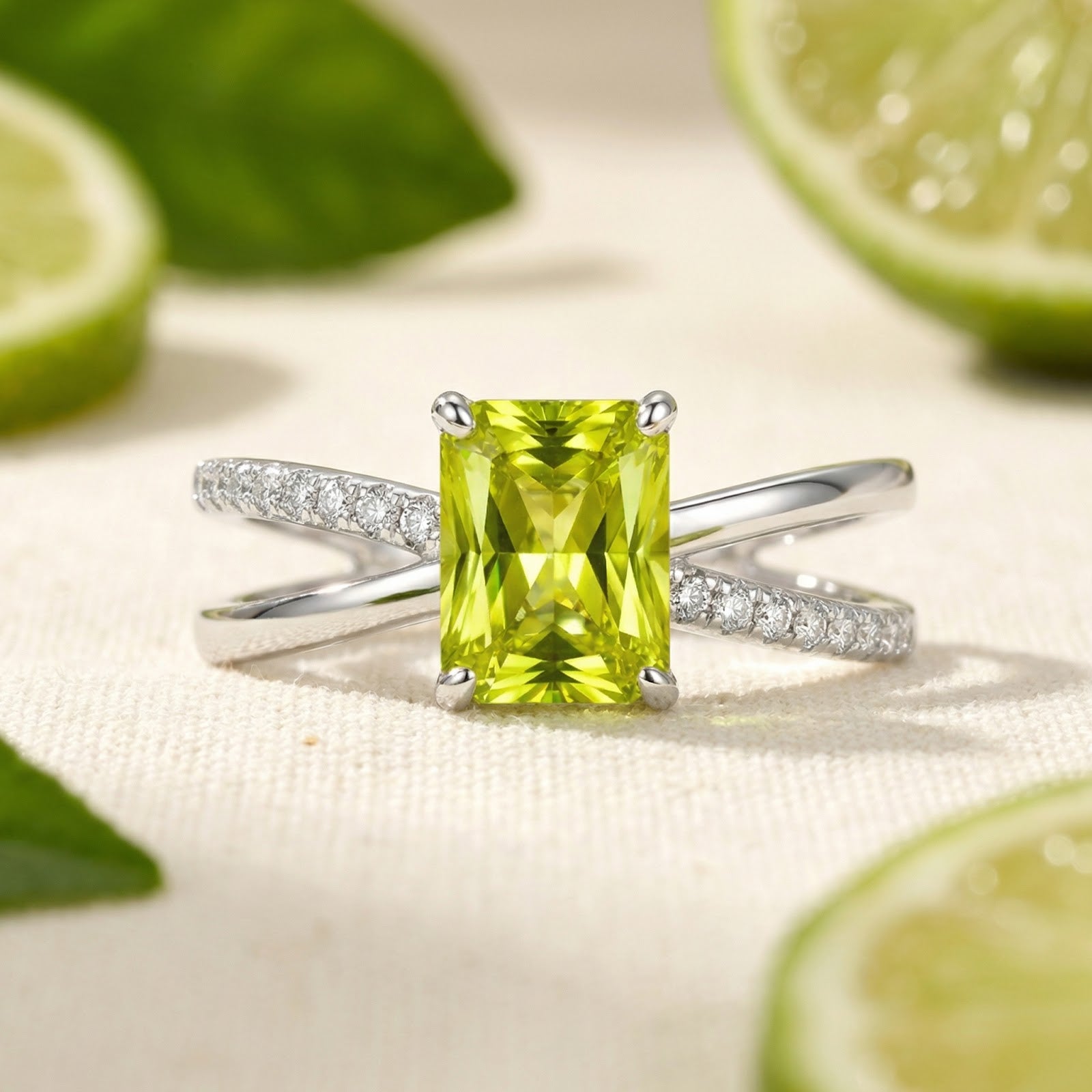 Front view of the radiant cut simulated peridot ring in S925 sterling silver, styled with lime slices.