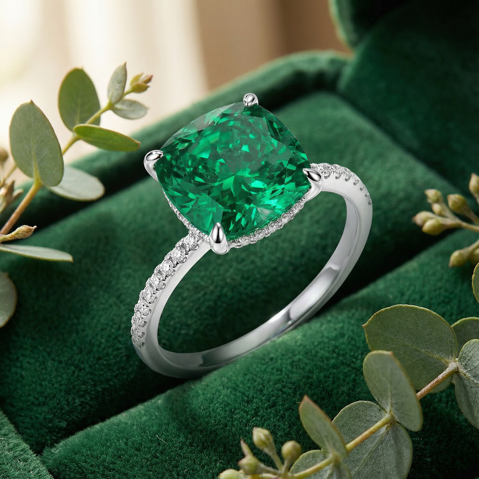 Cushion-cut simulated emerald ring in S925 sterling silver with pavé band, displayed in a green velvet box.