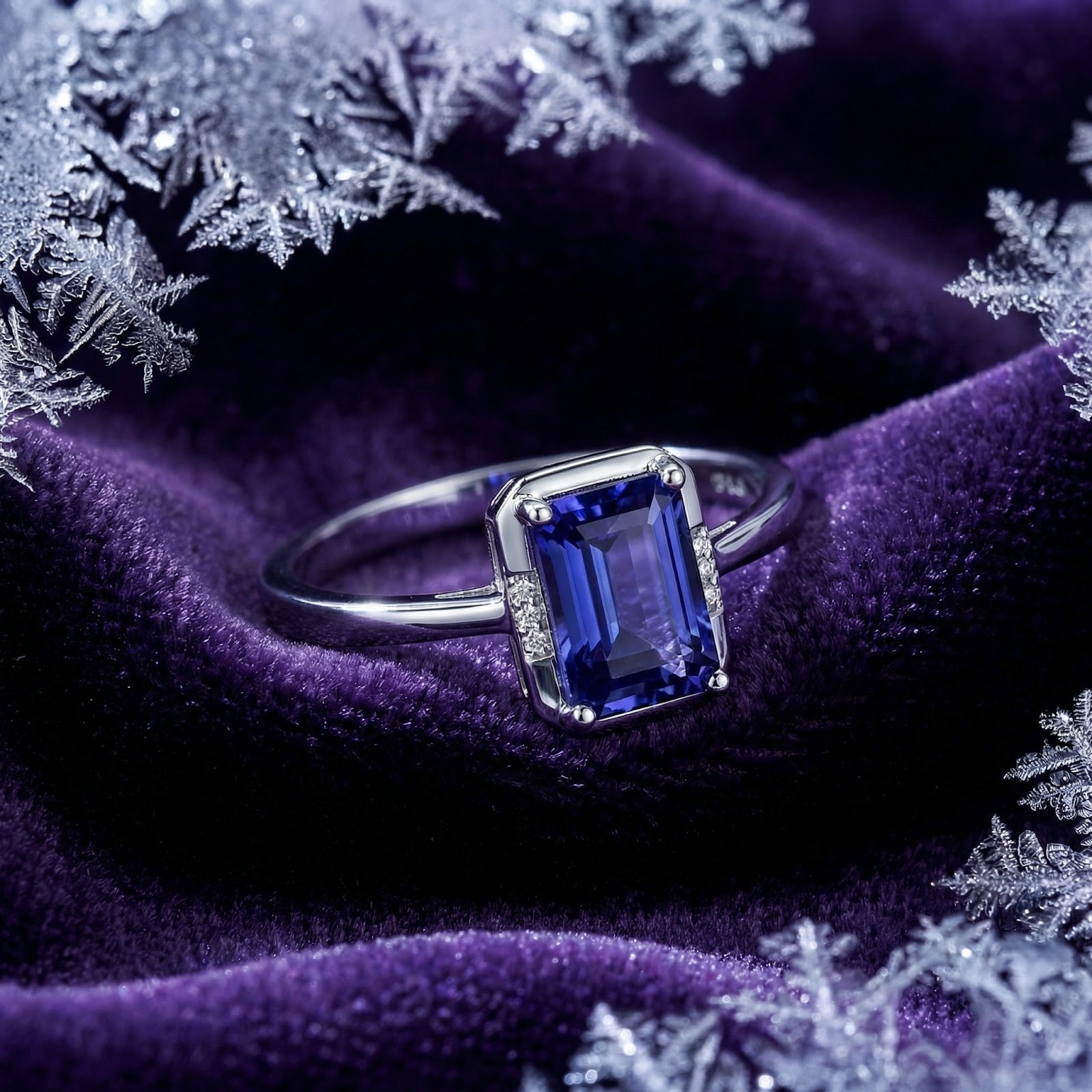 Emerald-cut simulated tanzanite ring in S925 sterling silver on purple velvet with decorative snowflakes.
