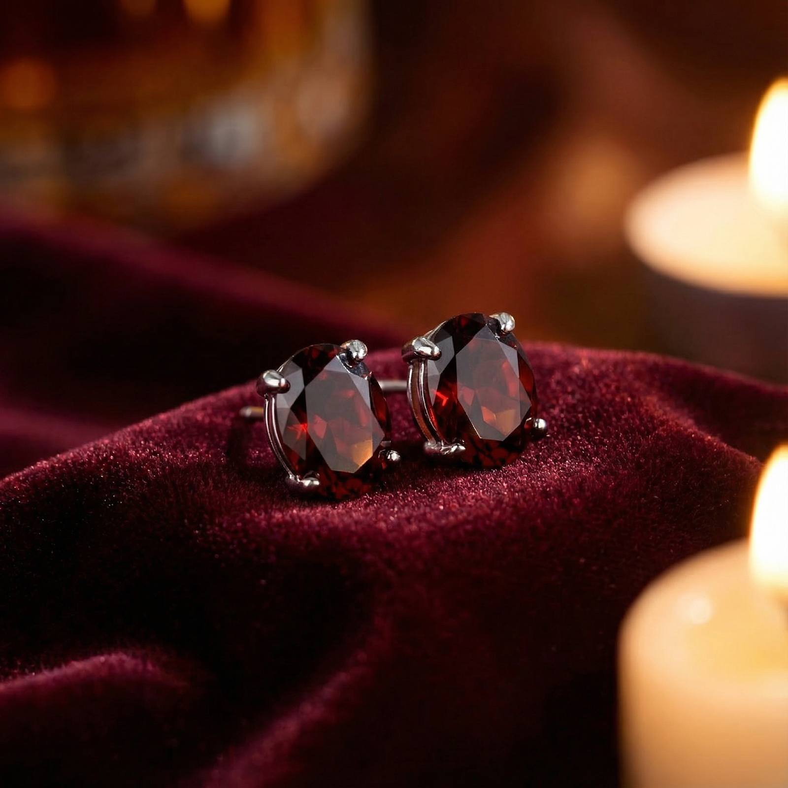 The Aderyn oval cut simulated garnet stud earrings in sterling silver resting on red velvet with candles.
