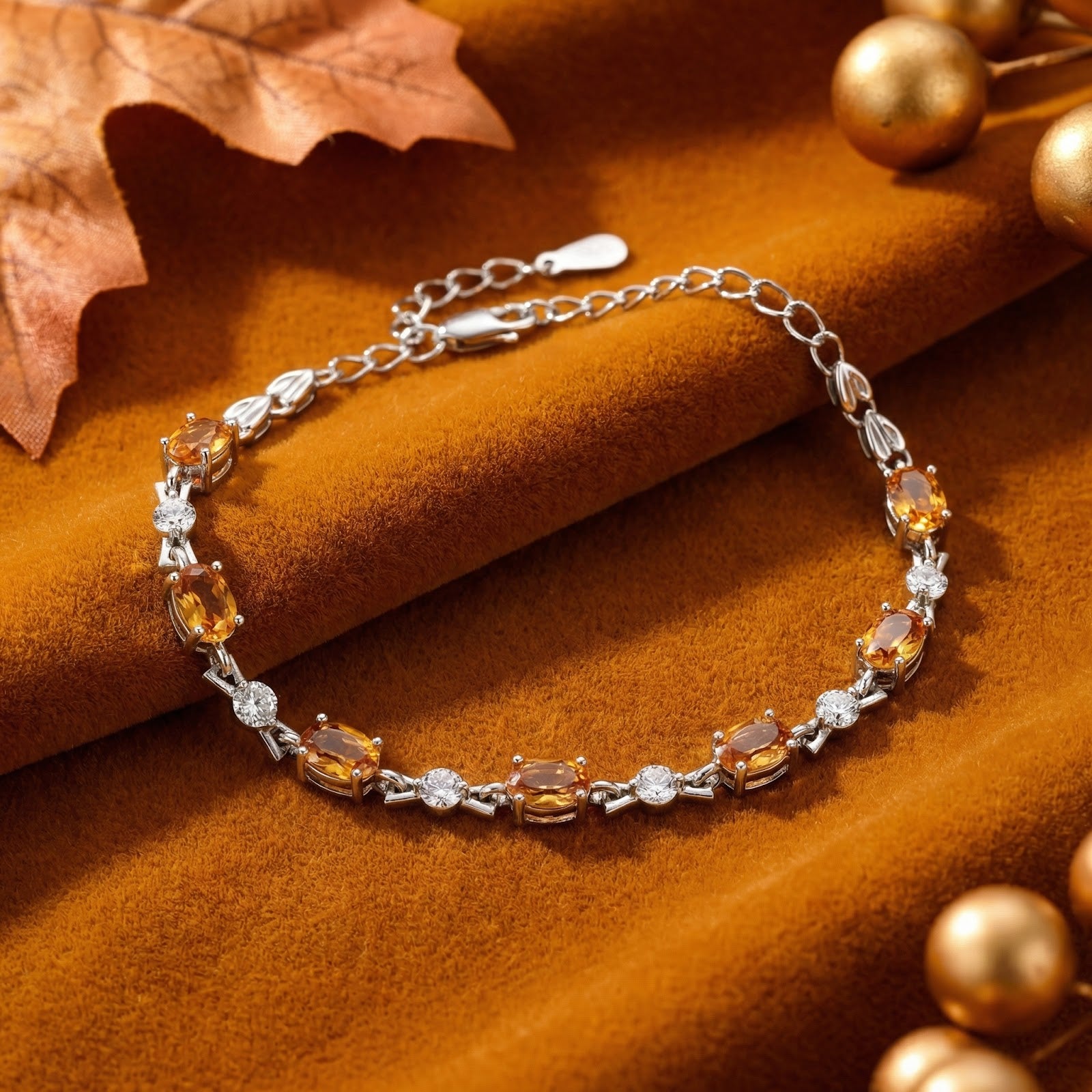 Sterling silver station bracelet with oval simulated topaz stones on a brown velvet surface with autumn leaves.