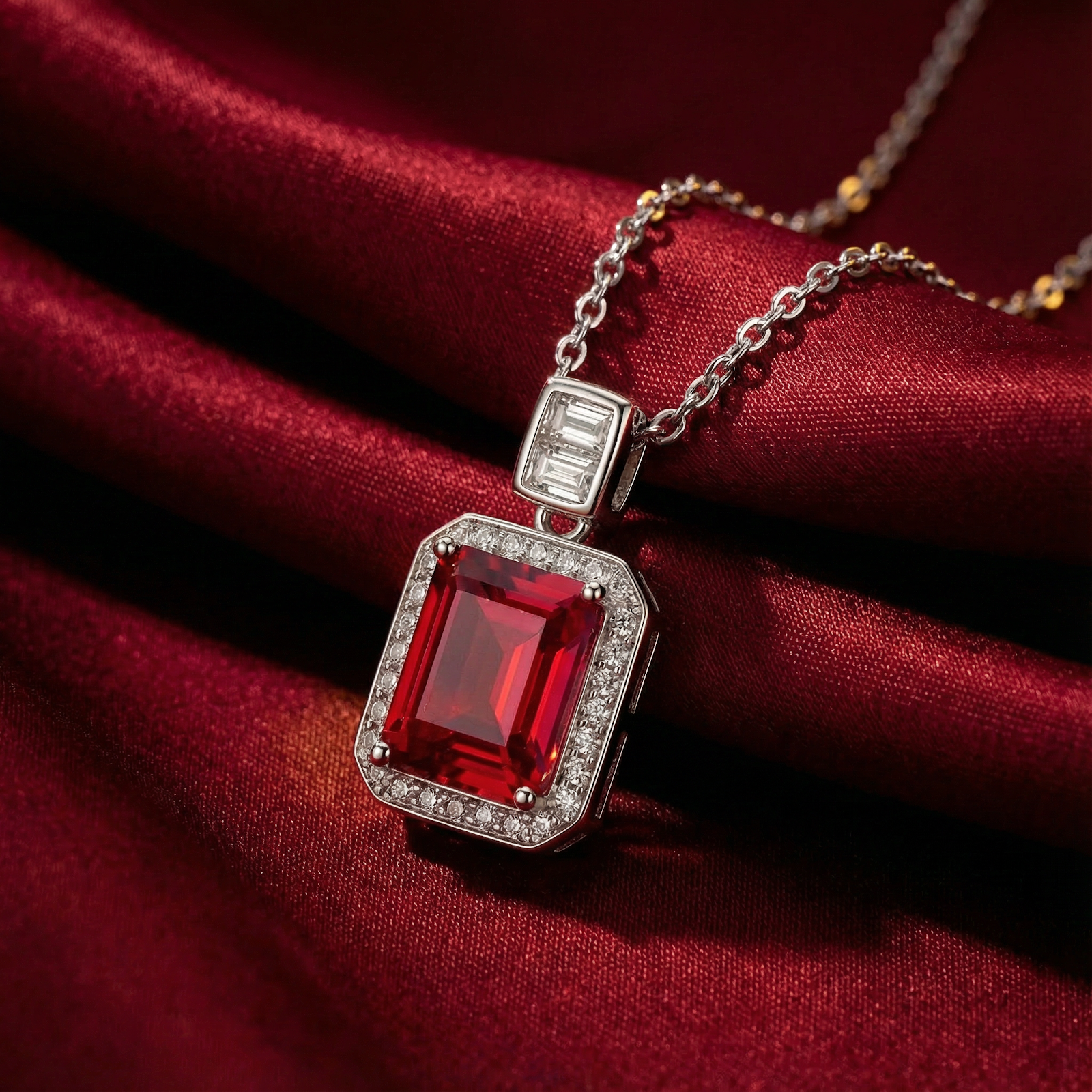 Emerald cut simulated ruby necklace in S925 sterling silver resting on red silk fabric.