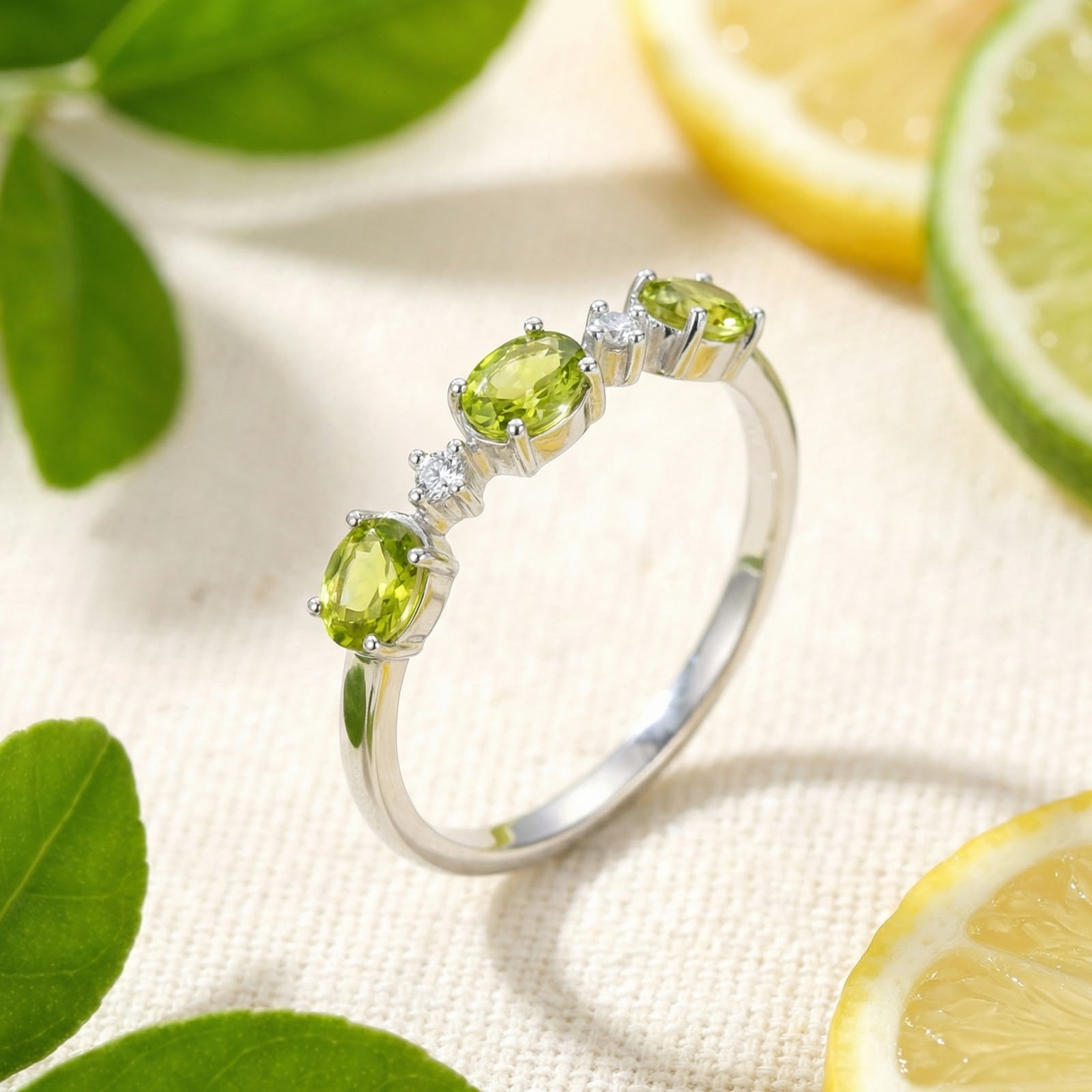 Angled view of the S925 sterling silver Mirabelle ring with oval-cut green simulated peridots and accent stones.