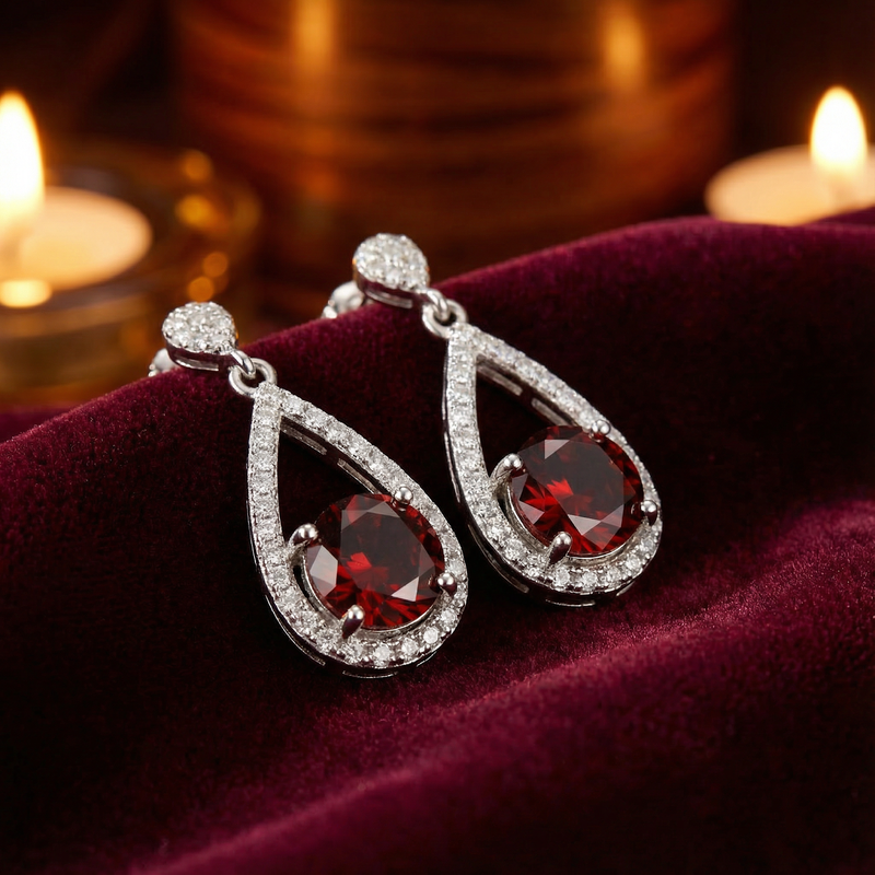 Macro view of round-cut simulated garnet stones in sterling silver teardrop earrings on red velvet.