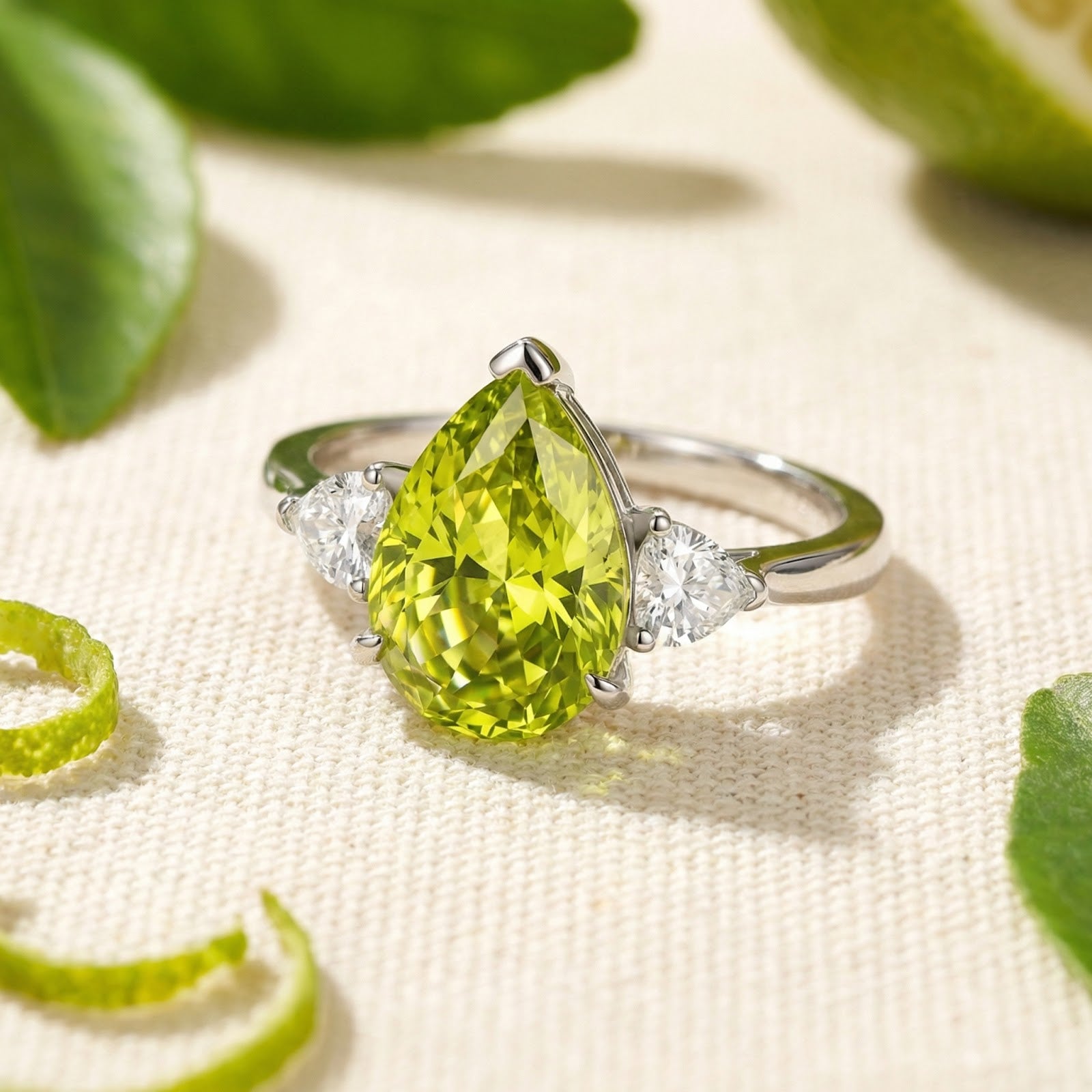 Pear-cut simulated peridot sterling silver ring styled with lime peels and leaves on a textured surface.