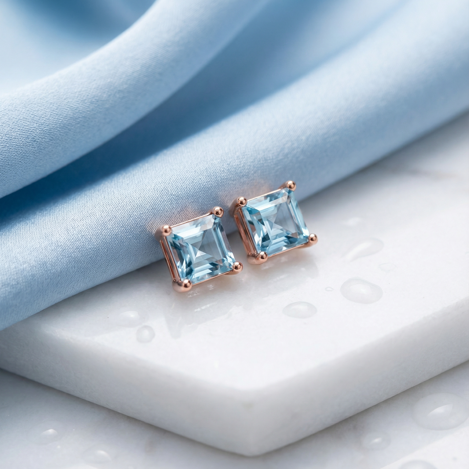 Princess cut simulated aquamarine studs in 18k rose gold vermeil on marble with blue silk fabric.