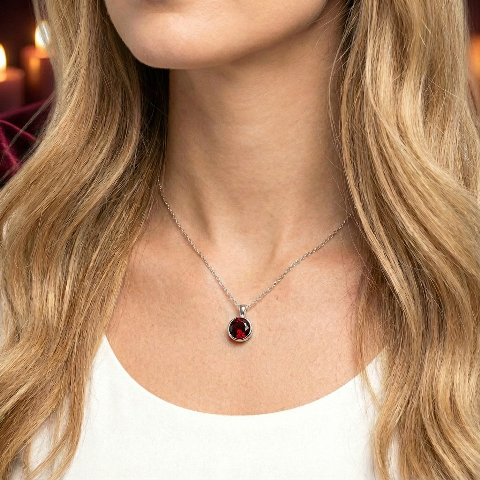 Close-up of a model wearing the round cut red garnet sterling silver necklace, showing the pendant's scale on the neck.