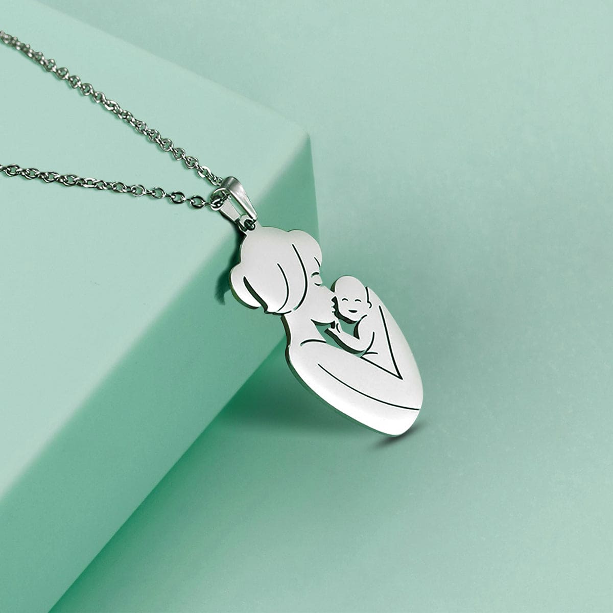 Embracing Mother and Child Pendant Necklace - Stainless Steel
