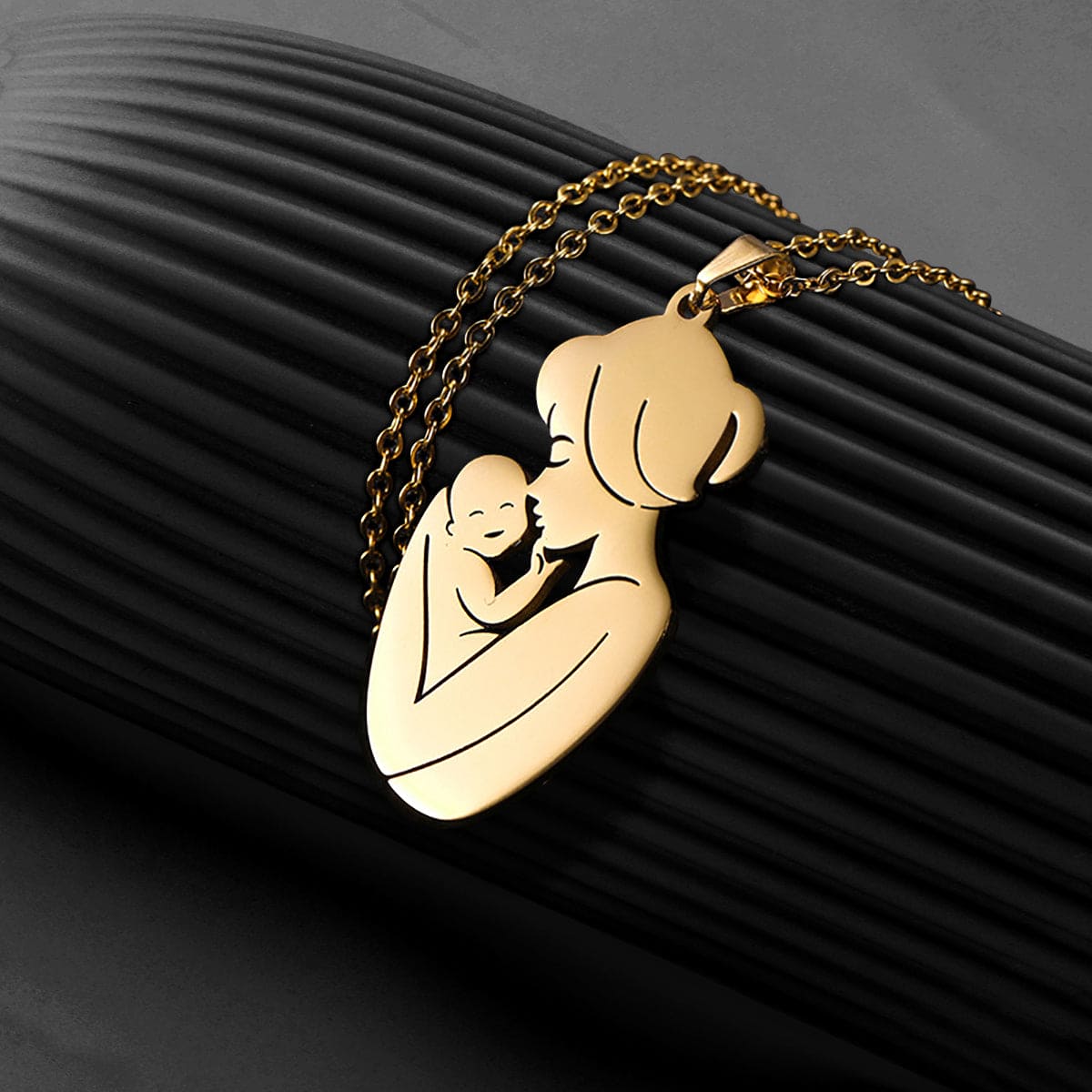 Embracing Mother and Child Pendant Necklace - Stainless Steel