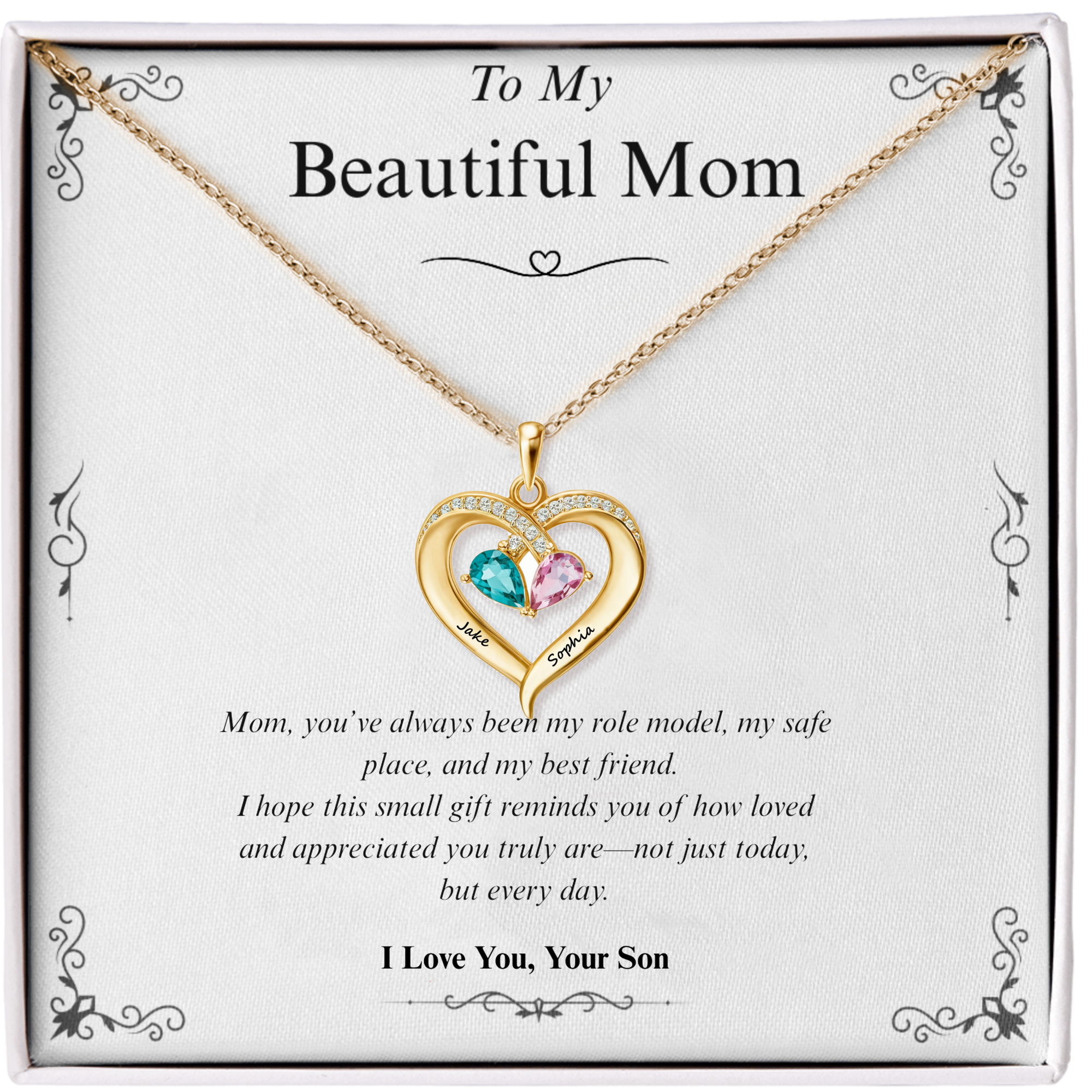 Collar personalizado con corazón y doble piedra de nacimiento