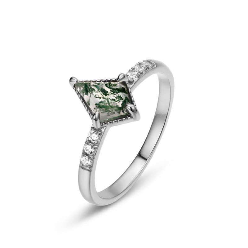 Anillo de ágata musgosa natural con diamantes engastados en canal - Plata de ley S925