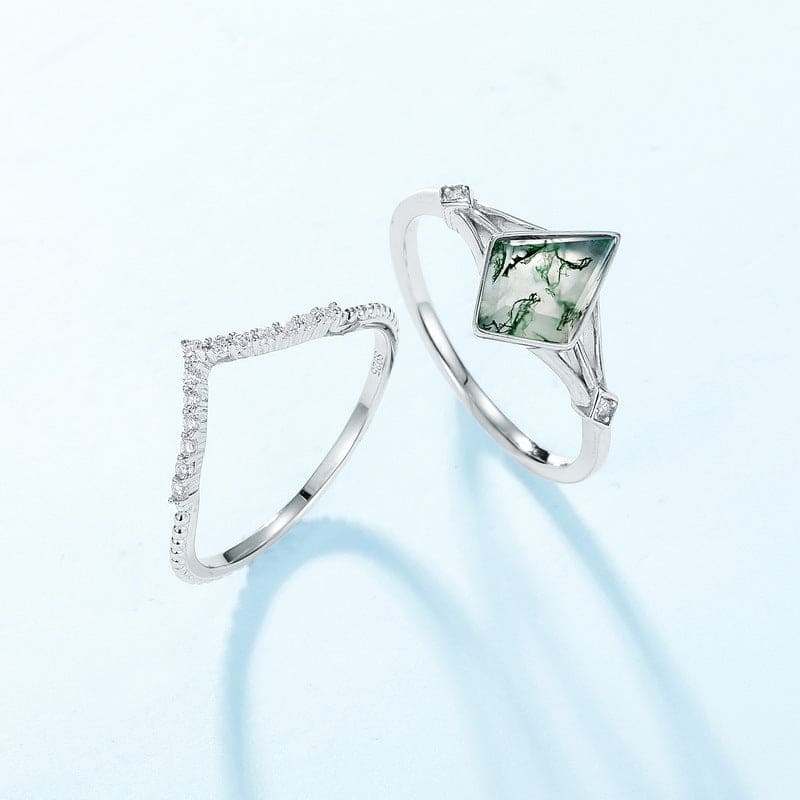Natural Moss Agate V Cut Solitaire Ring Set - S925 Sterling Silver