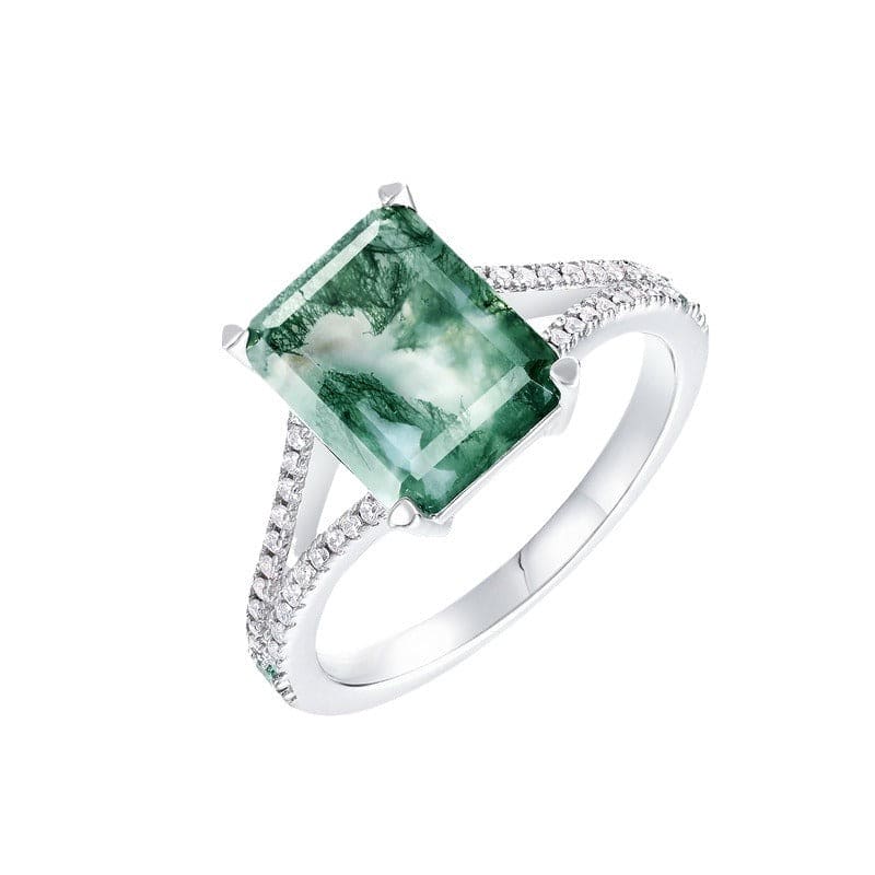 Anillo de halo de diamantes con ágata musgosa natural de talla cojín - Plata de ley S925
