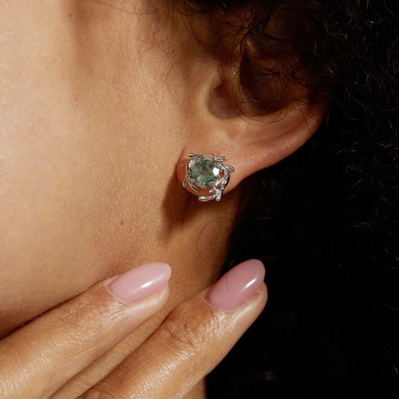 Pendientes de ágata musgosa natural con envoltura de enredadera - Plata de ley S925