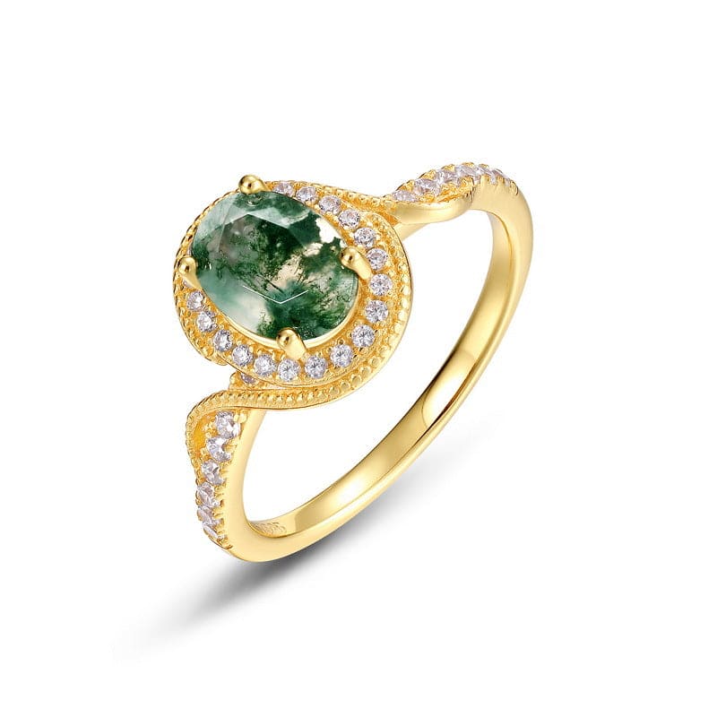 Anillo de oro con pavé de ágata musgosa natural de corte ovalado Halo - Plata de ley S925