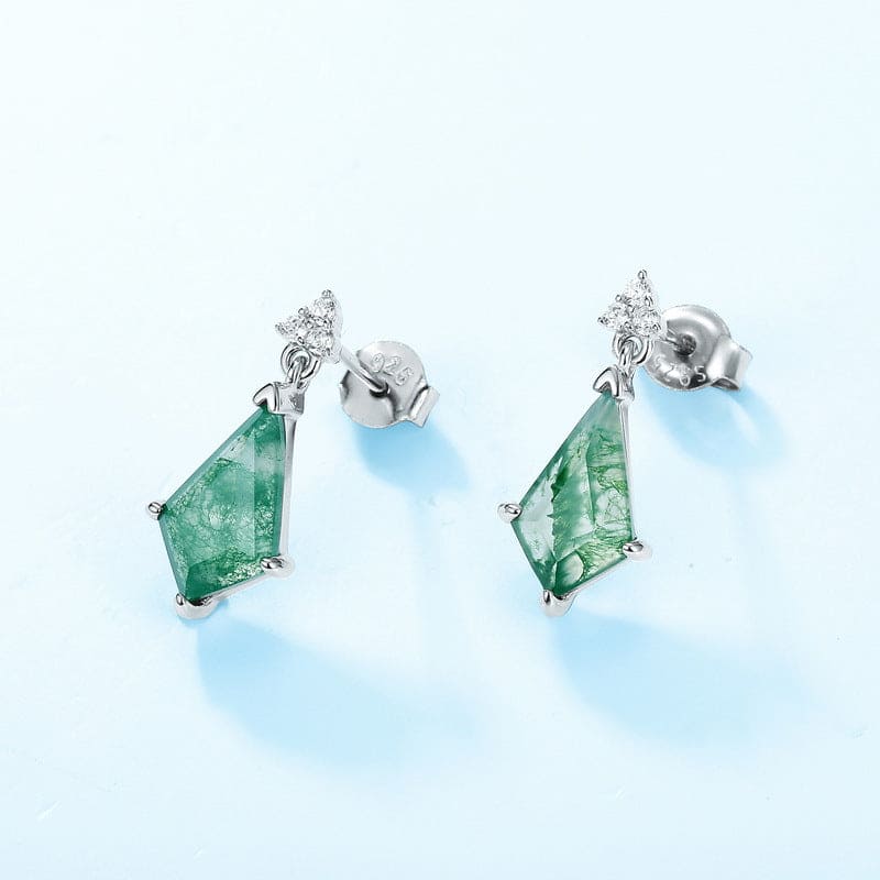Pendientes colgantes de ágata musgosa natural tallada con forma de cometa - Plata de ley S925