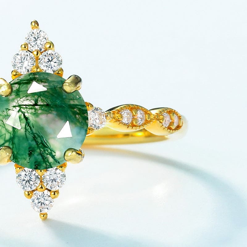 Anillo de oro con efecto de rayos de sol y ágata musgosa natural talla marquesa - Plata de ley S925